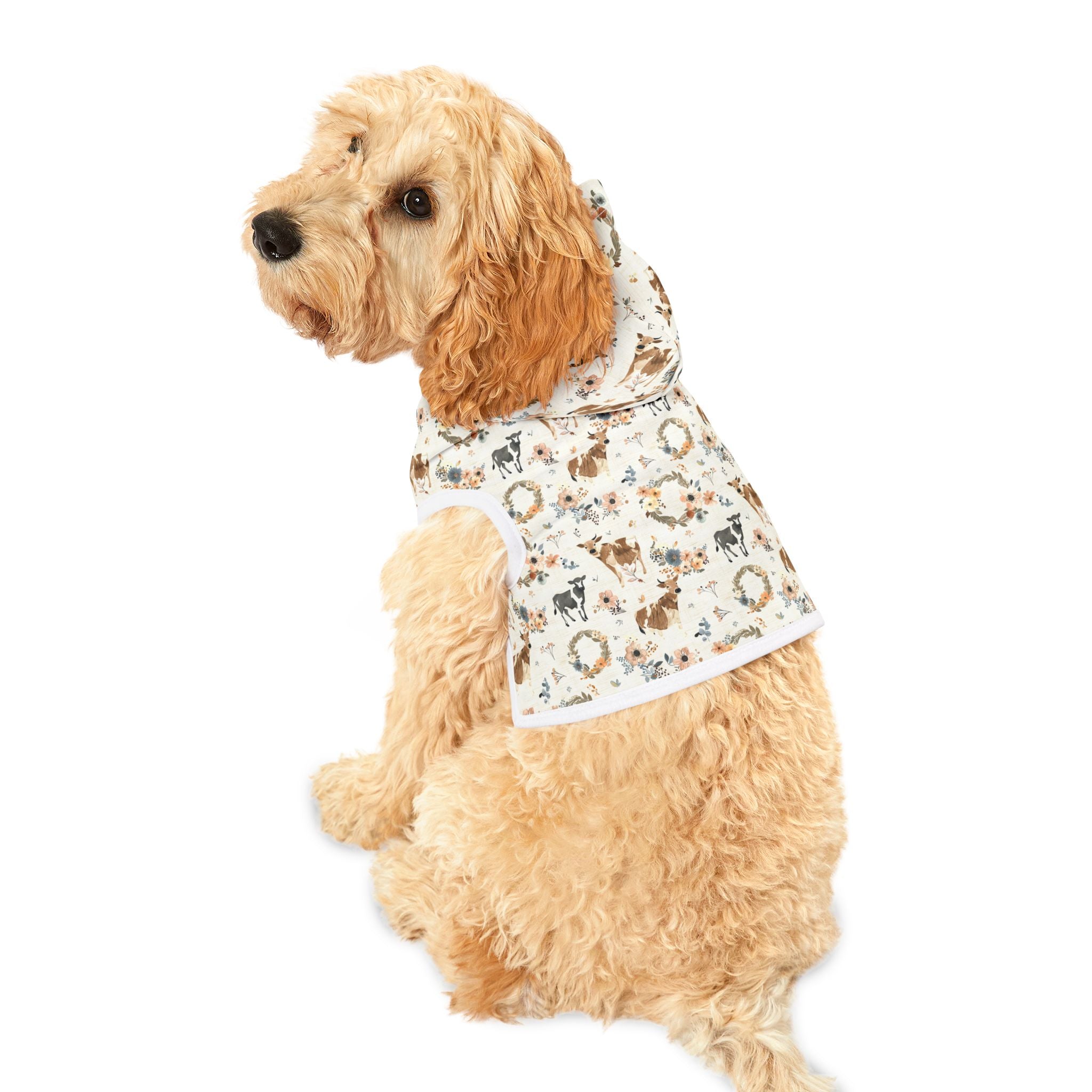 Floral Cow Pet Hoodie | Farmhouse Cattle Dog Hoodie | Cottagecore Farm Animal Pet Sweater | Rustic Cow Print Puppy Hoodie | Country Homestead Pet Apparel | Cozy Farm Life Dog Outfit
