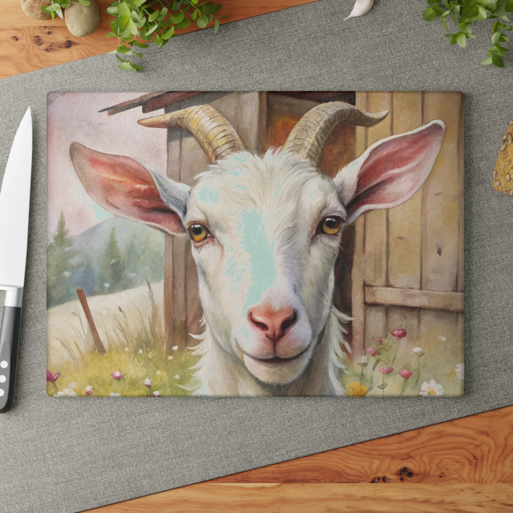 Farmhouse Goat Glass Cutting Board | Rustic Goat Kitchen Decor | Cottagecore Farm Animal Tempered Glass Cutting Board | Gumpert Homestead