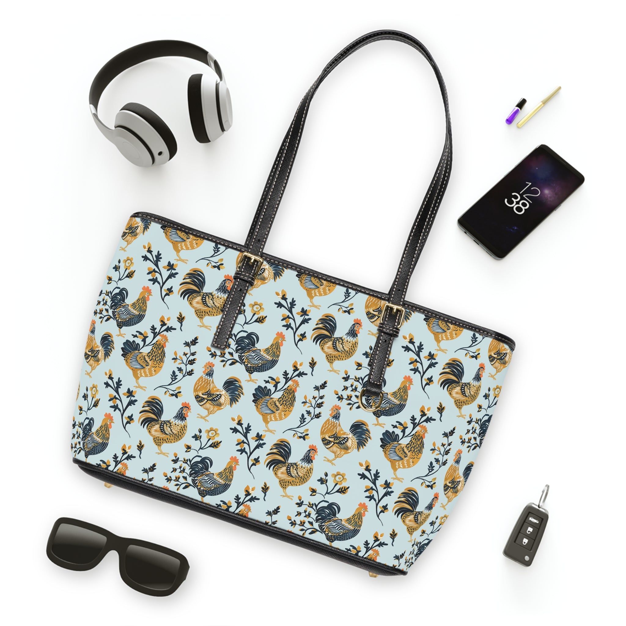 Blue Botanical Chicken Print Leather Shoulder Bag – Farmhouse Chicken Tote, Cute Hen Pattern Purse, Farm Life Handbag, Backyard Chicken Lover Bag