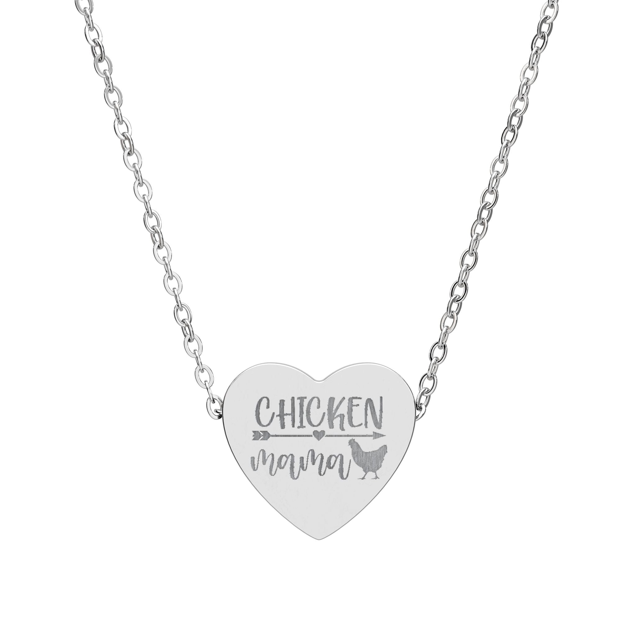 Chicken Mama Heart Necklace – Farm Lover Jewelry, Stainless Steel Engraved Necklace, Chicken Mom Gift