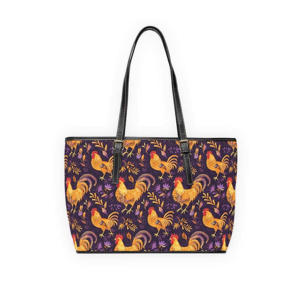 Purple & Gold Chicken Print Leather Shoulder Bag – Farmhouse Chicken Tote, Cute Hen Pattern Purse, Farm Life Handbag, Backyard Chicken Lover Bag