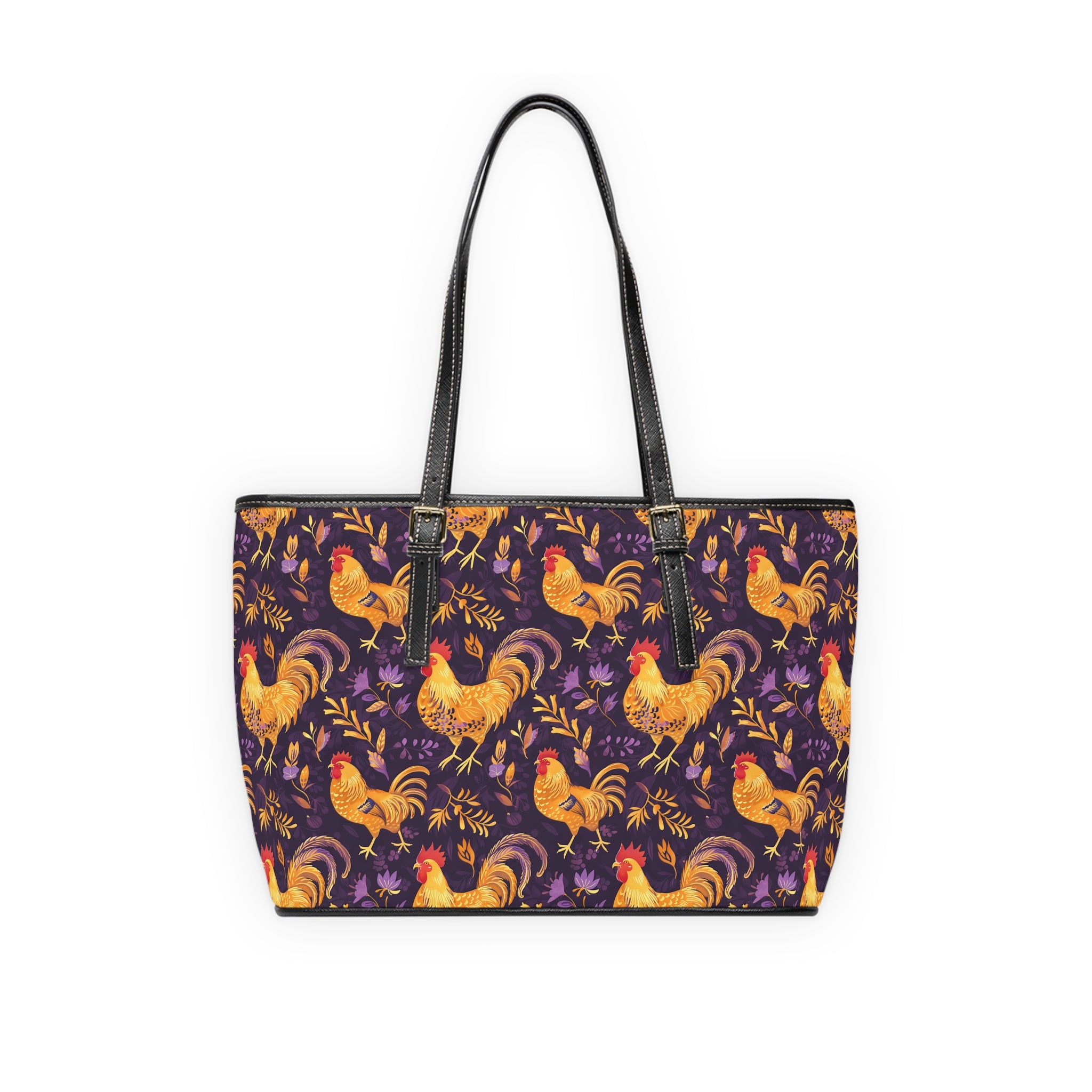 Purple & Gold Chicken Print Leather Shoulder Bag – Farmhouse Chicken Tote, Cute Hen Pattern Purse, Farm Life Handbag, Backyard Chicken Lover Bag
