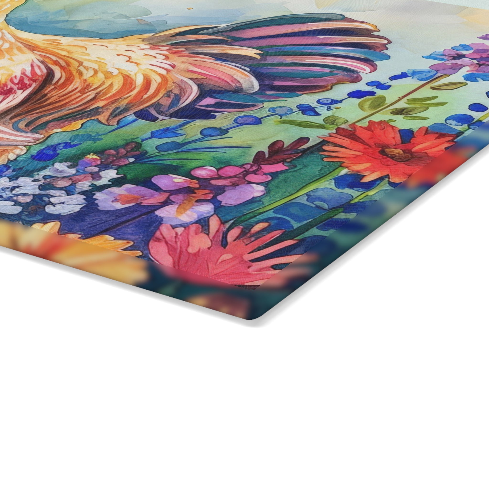 Watercolor Floral Chicken Cutting Board – Farmhouse Glass Kitchen Board for Chicken Lovers