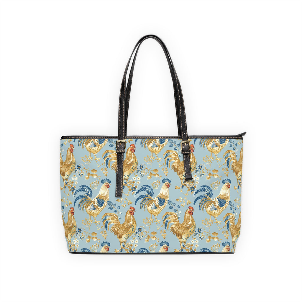 Light Blue Chicken Print Leather Shoulder Bag – Farmhouse Chicken Tote, Cute Hen Pattern Purse, Farm Life Handbag, Backyard Chicken Lover Bag