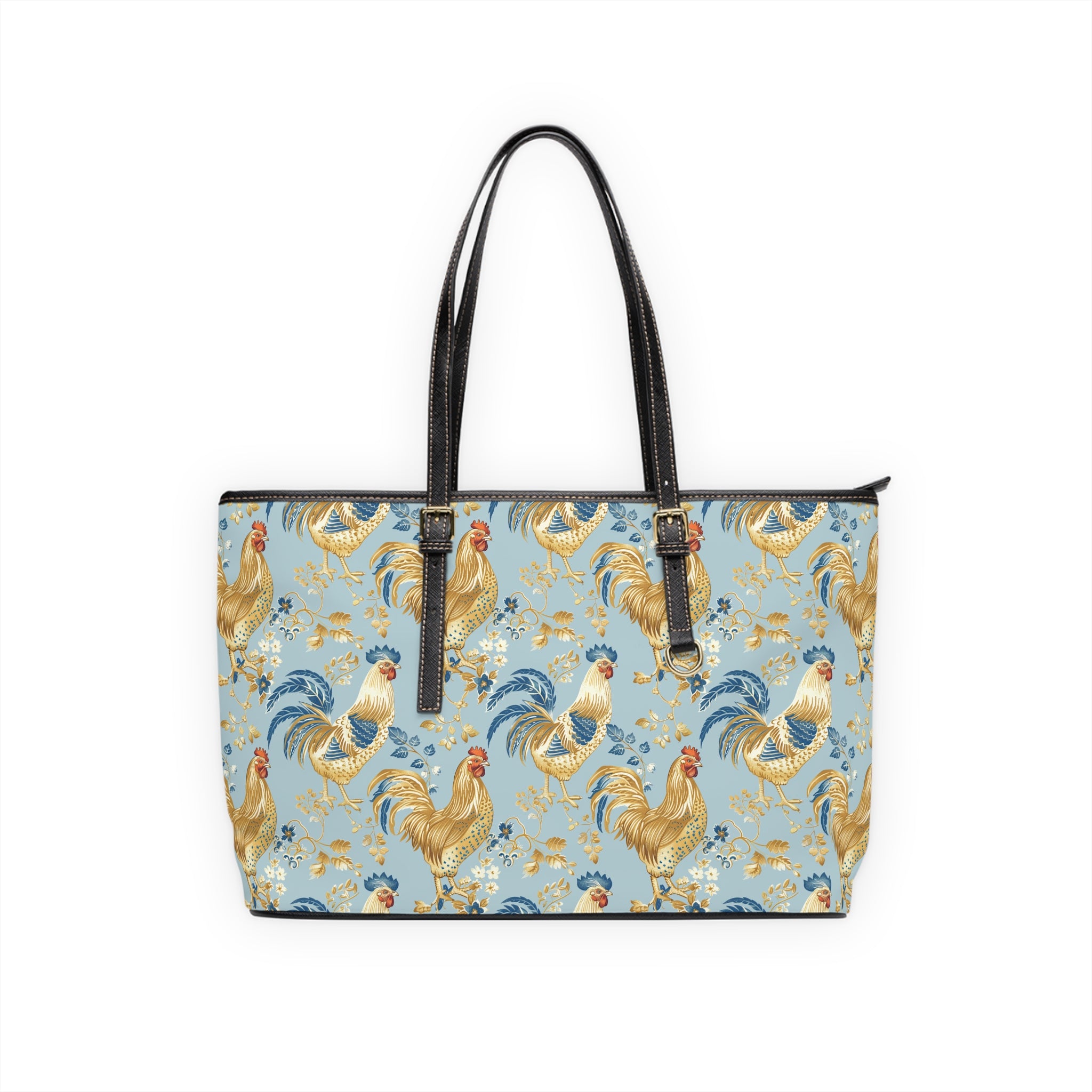 Light Blue Chicken Print Leather Shoulder Bag – Farmhouse Chicken Tote, Cute Hen Pattern Purse, Farm Life Handbag, Backyard Chicken Lover Bag