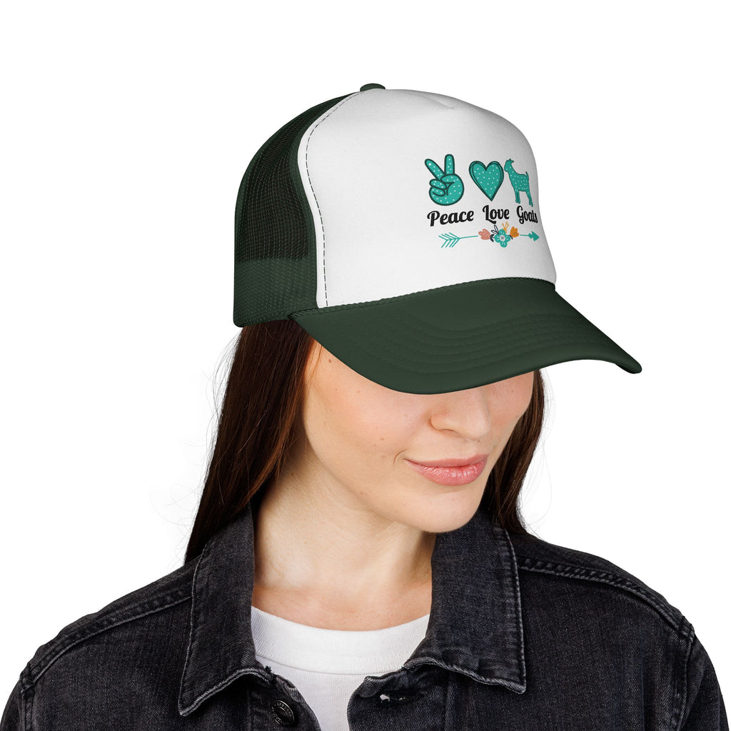 Peace Love Goats Trucker Hat – Goat Mom Hat, Farm Life Snapback, Homestead Goat Lover Cap
