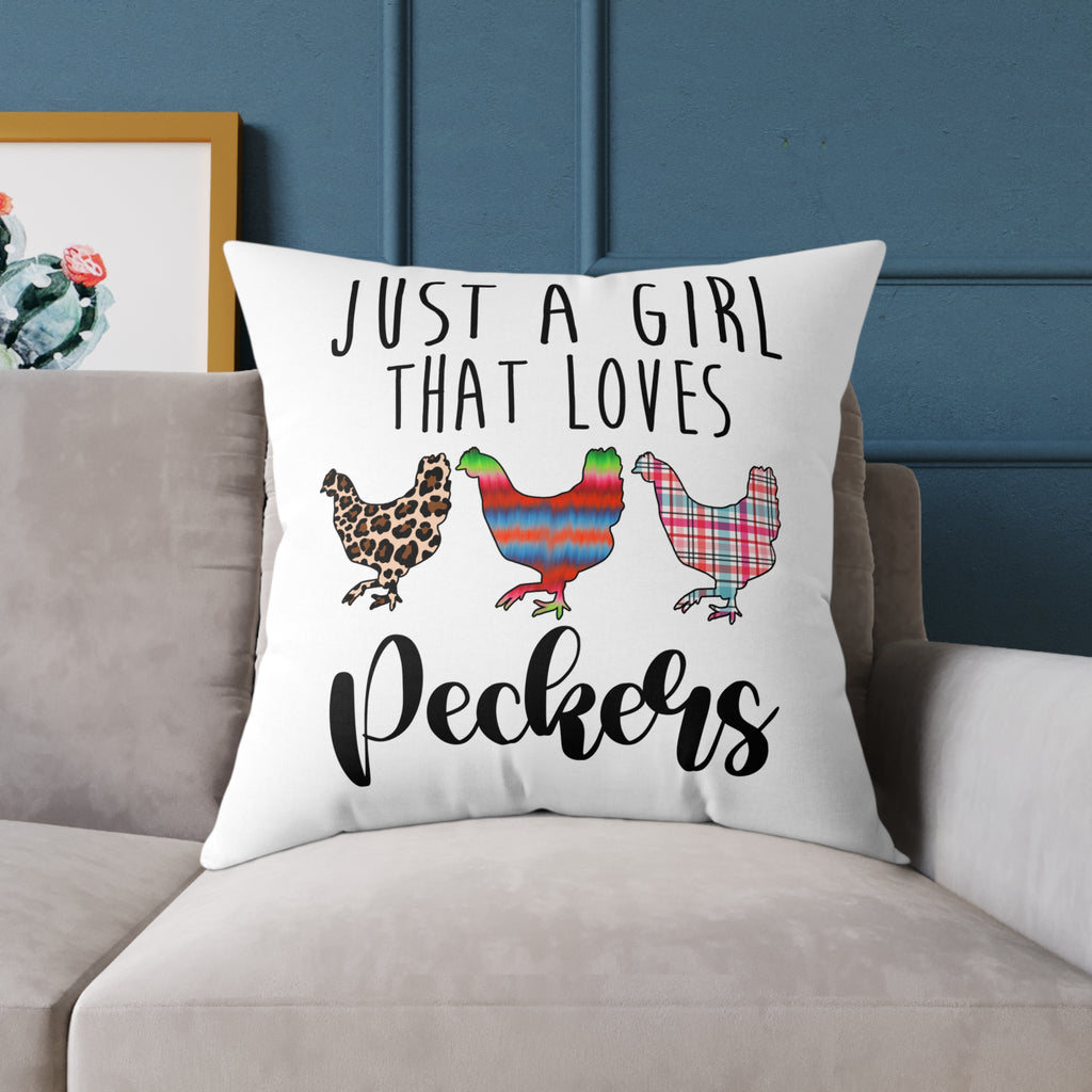 “Just a Girl That Loves Peckers” Throw Pillow – Funny Chicken Farmhouse Decor Cushion, Cute Homestead Accent Pillow