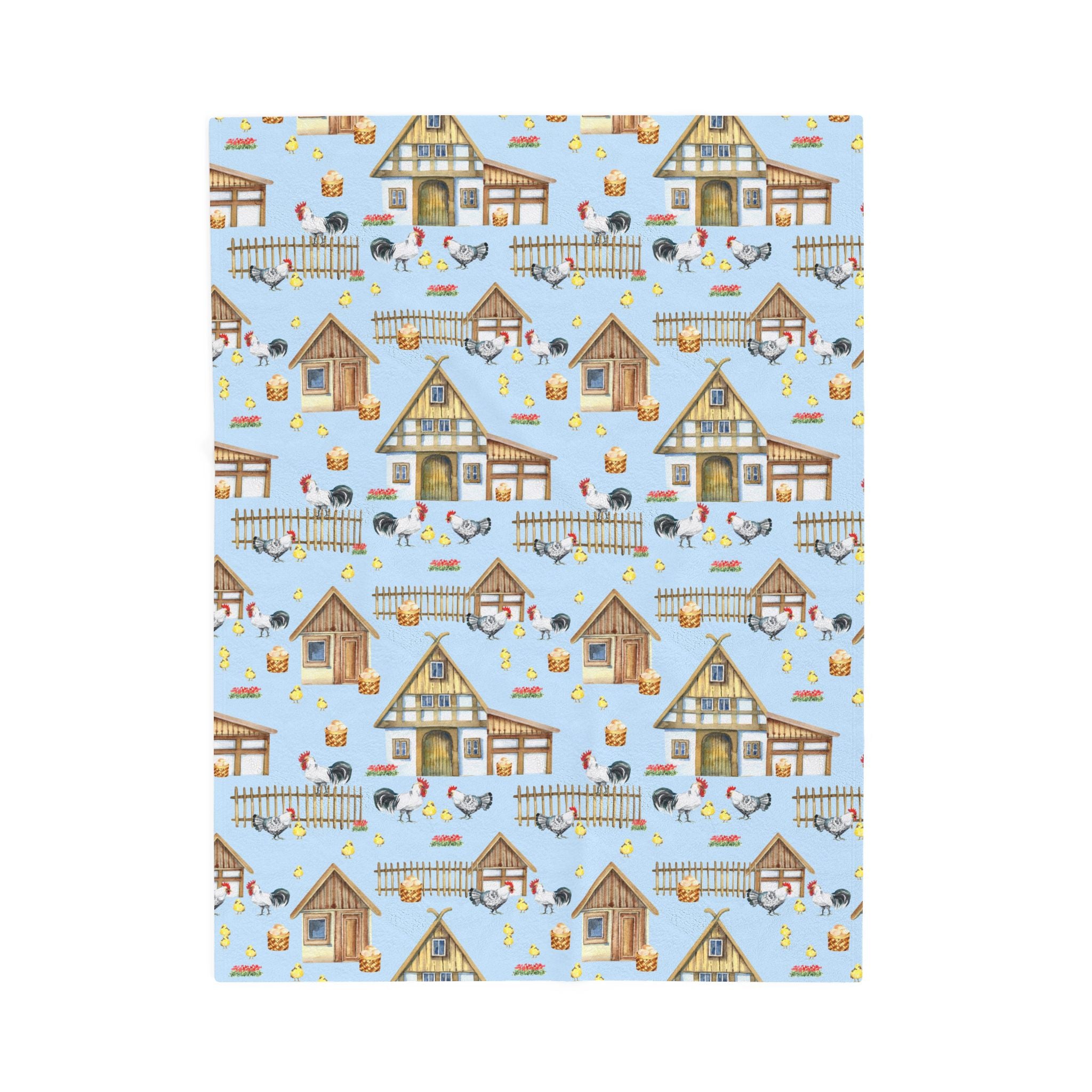 Farm Scene Velveteen Plush Blanket – Cozy Cottagecore Village Throw, Country Homestead Farmhouse Home Decor