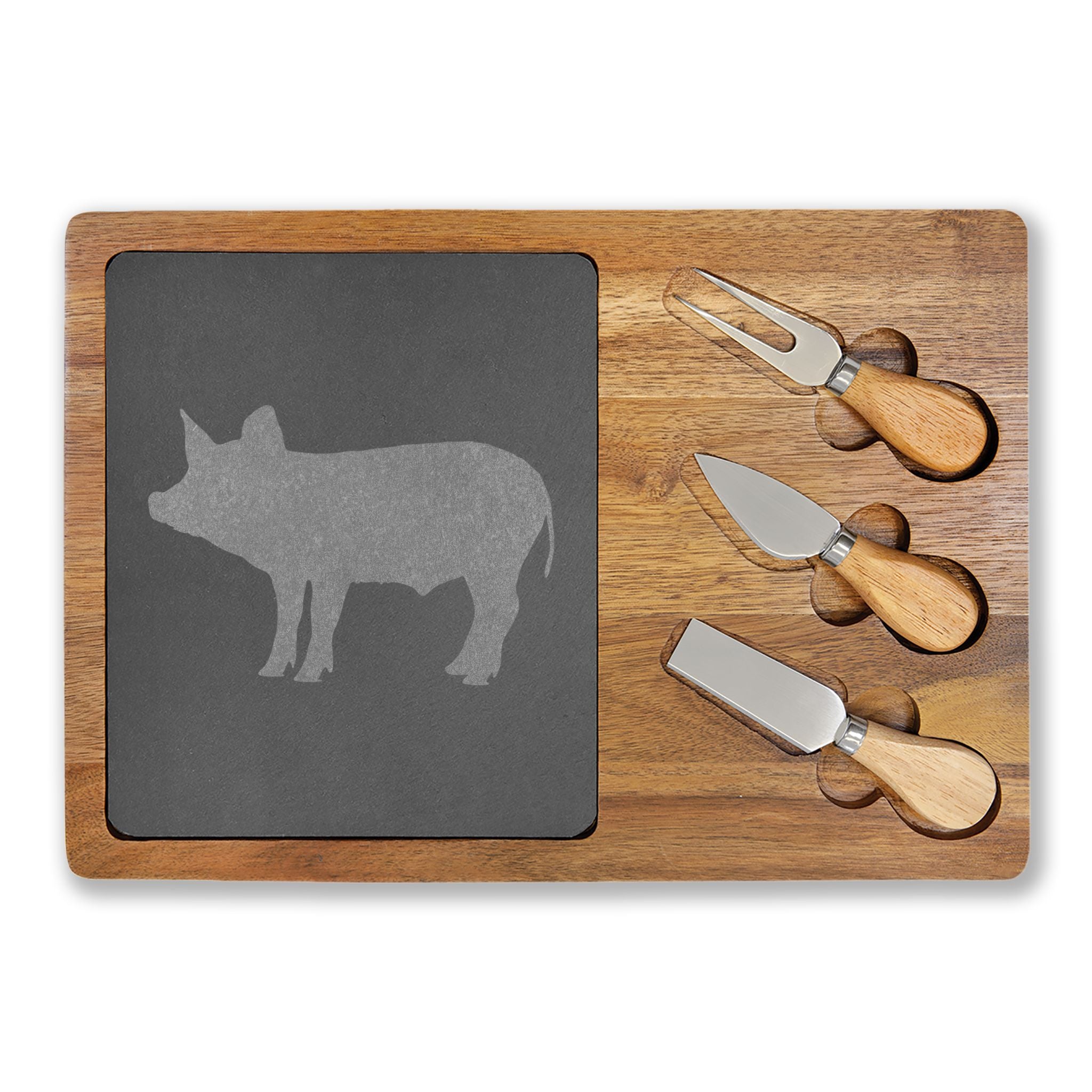 Piglet Engraved Charcuterie Board Set | Farmhouse Slate Cheese Board with Knives | Rustic Farm Kitchen Serving Board | Homestead Pig Lover Gift