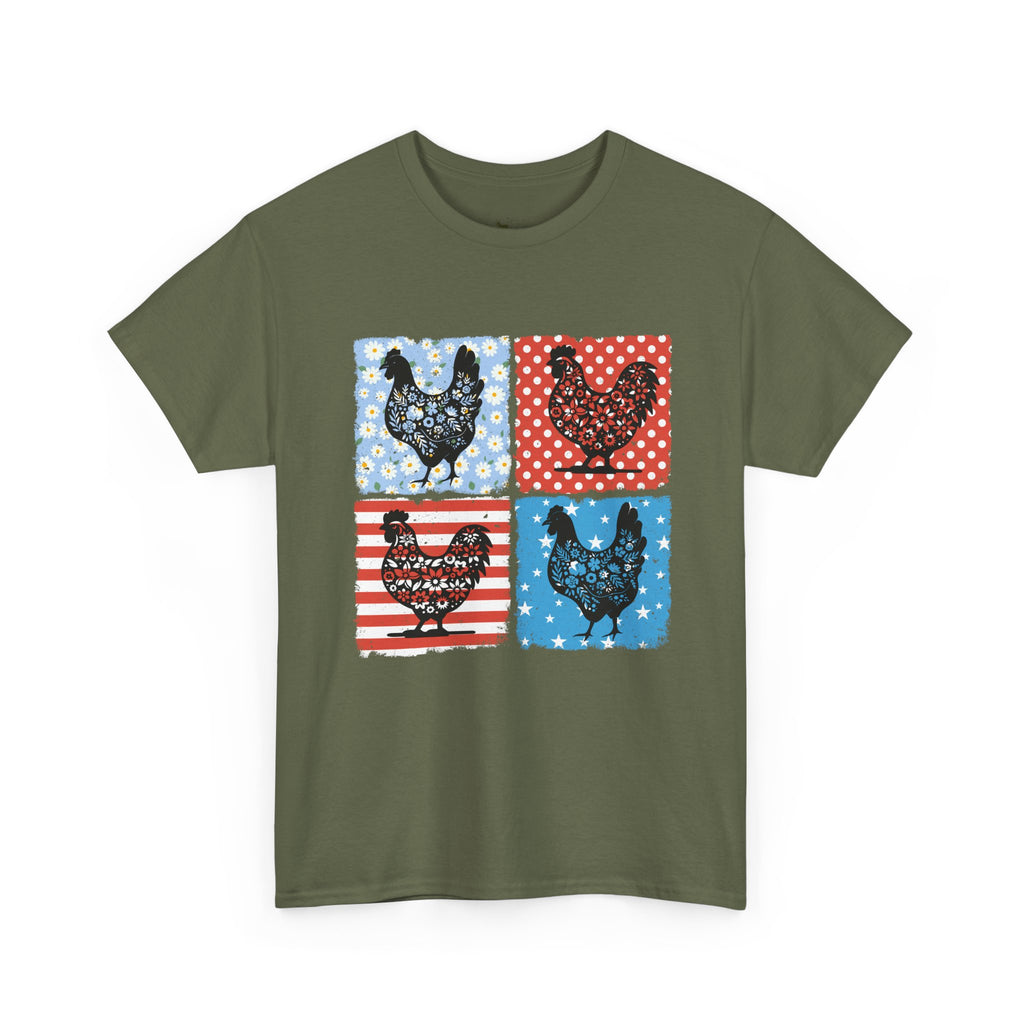 Patchwork Chicken Farm T-Shirt | Farmhouse Hen Graphic Tee | Patriotic Chicken Shirt | Country Homestead Apparel | Backyard Chicken Lover Gift