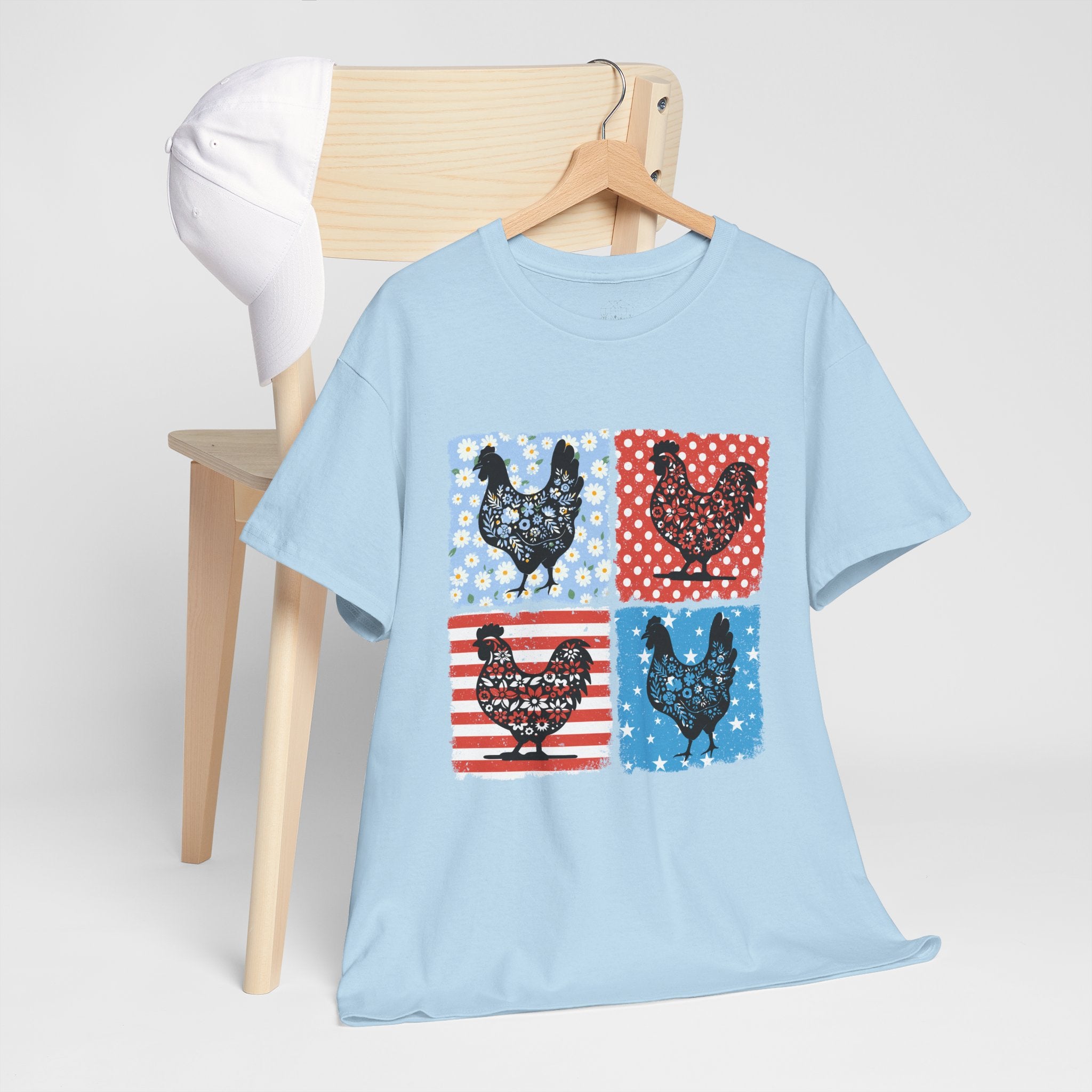 Patchwork Chicken Farm T-Shirt | Farmhouse Hen Graphic Tee | Patriotic Chicken Shirt | Country Homestead Apparel | Backyard Chicken Lover Gift
