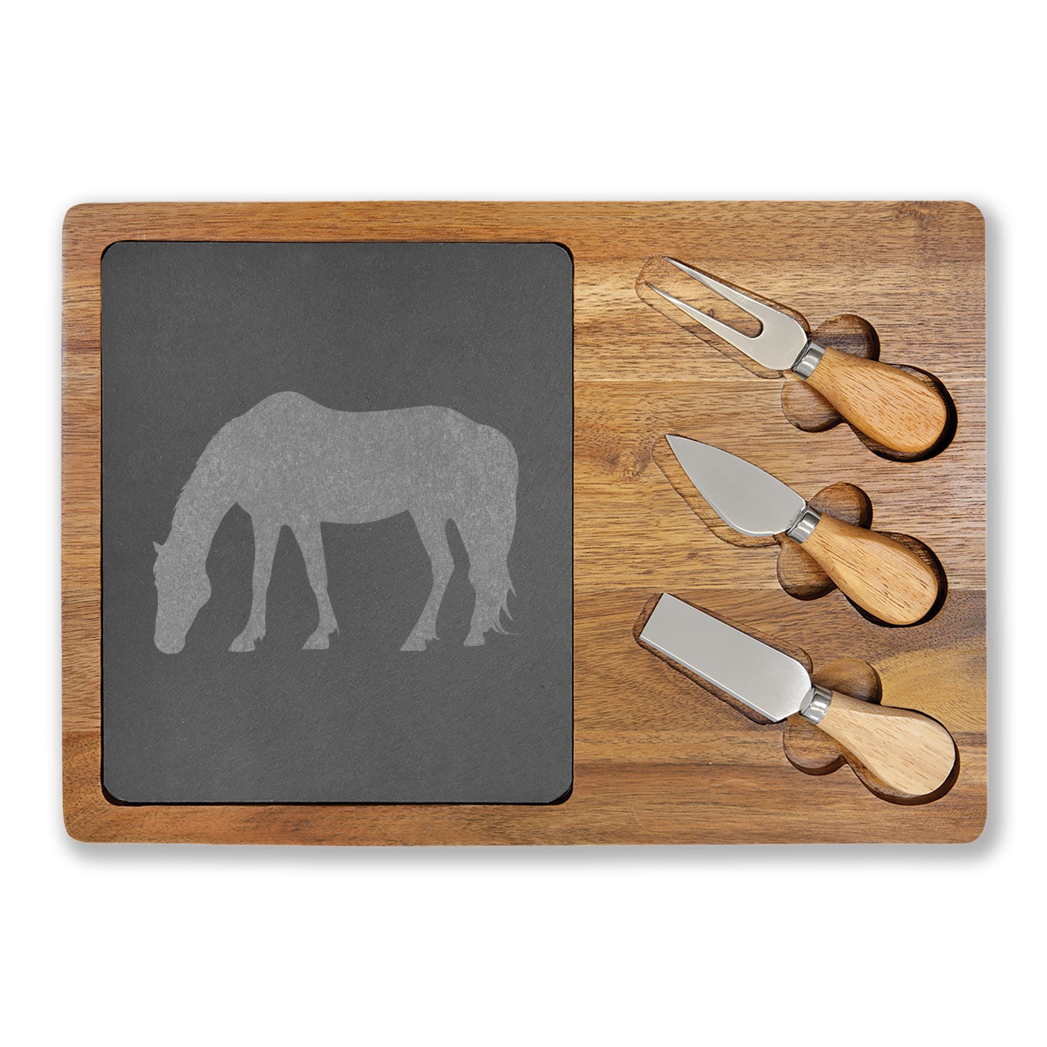 Horse Engraved Charcuterie Board Set | Slate Cheese Board with Knives | Farmhouse Equestrian Serving Board | Rustic Ranch Kitchen Gift