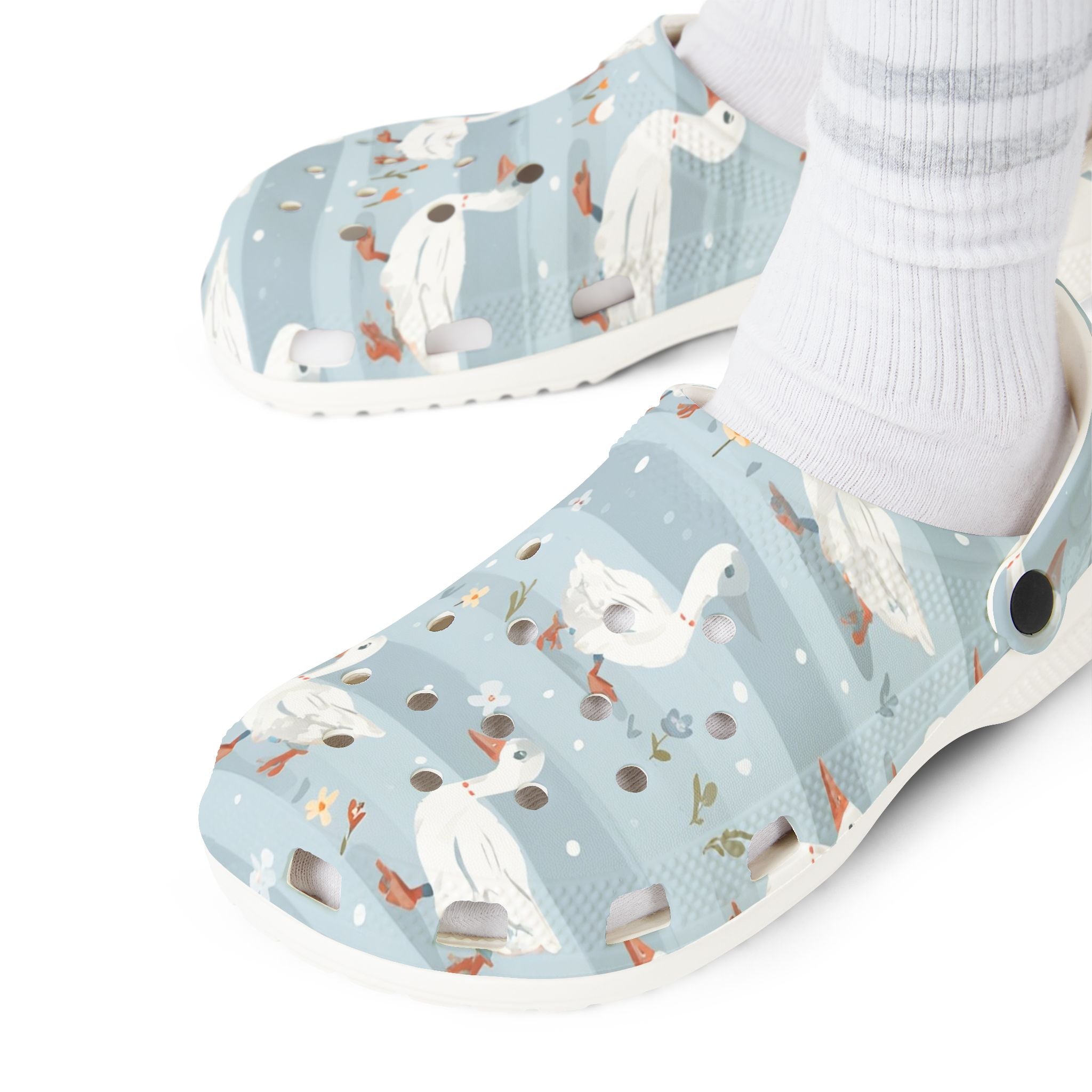 Cottagecore Goose Stripe EVA Clogs – Pastel Farm Goose Slip-On Shoes for Homestead Living