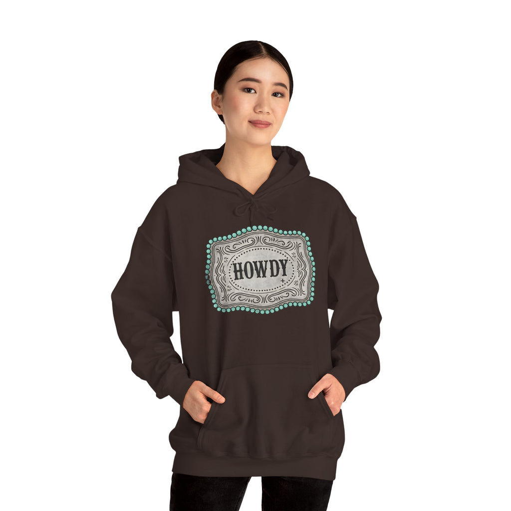 Howdy Turquoise Beaded Rodeo Belt Buckle Hoodie – Unisex Farmhouse Western Sweatshirt | Country Homestead Apparel