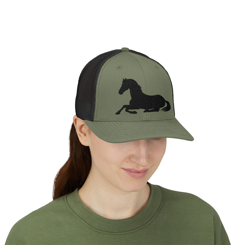Resting Horse Trucker Hat | Laying Horse Silhouette Mesh Snapback Cap | Western Ranch Horse Lover Hat | Rustic Farm Life Cowboy Cowgirl Cap