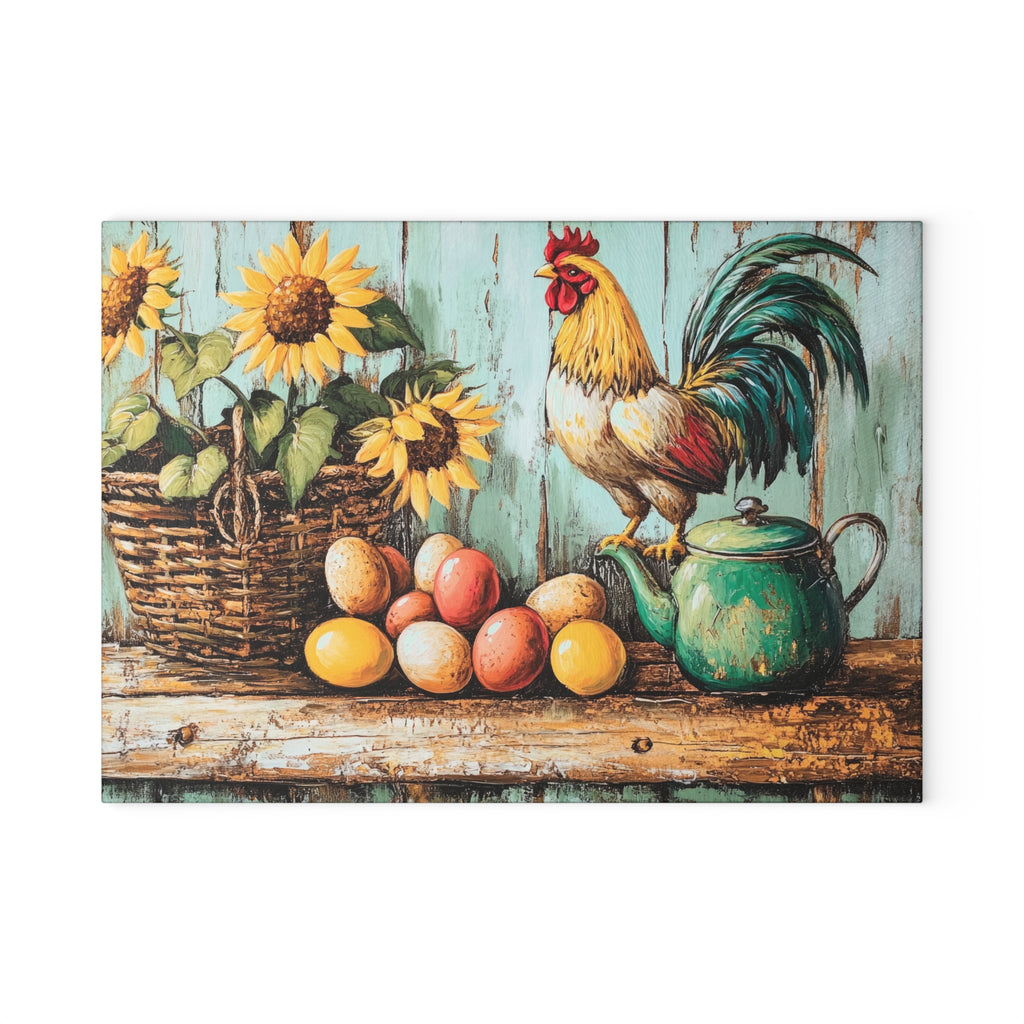 Farmhouse Rooster Glass Cutting Board | Rustic Chicken Kitchen Decor | Sunflower & Egg Tempered Glass Cutting Board | Gumpert Homestead