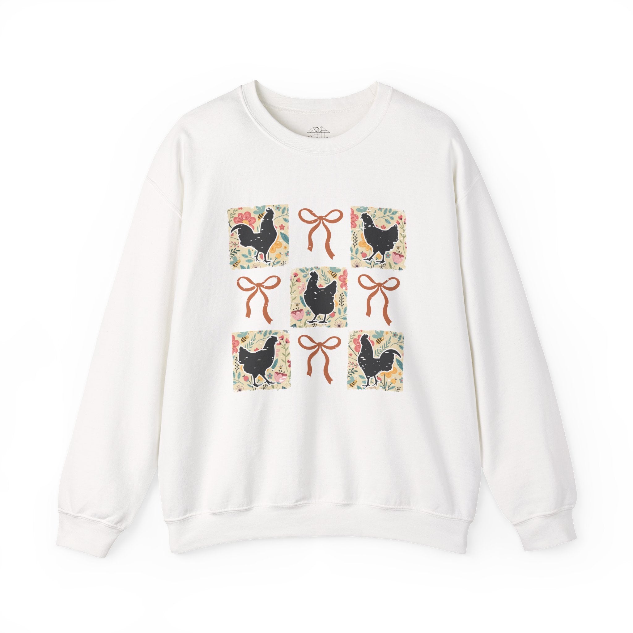 Cottagecore Chicken Quilt Sweatshirt – Farmhouse Patchwork Chicken Crewneck, Cozy Country Homestead Pullover