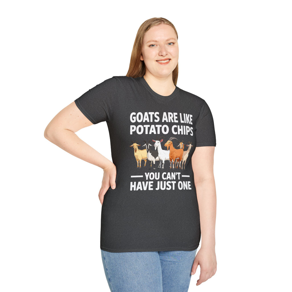 “Goats Are Like Potato Chips – You Can’t Have Just One” Funny Goat Lover Unisex T-Shirt | Farm Life Goat Tee