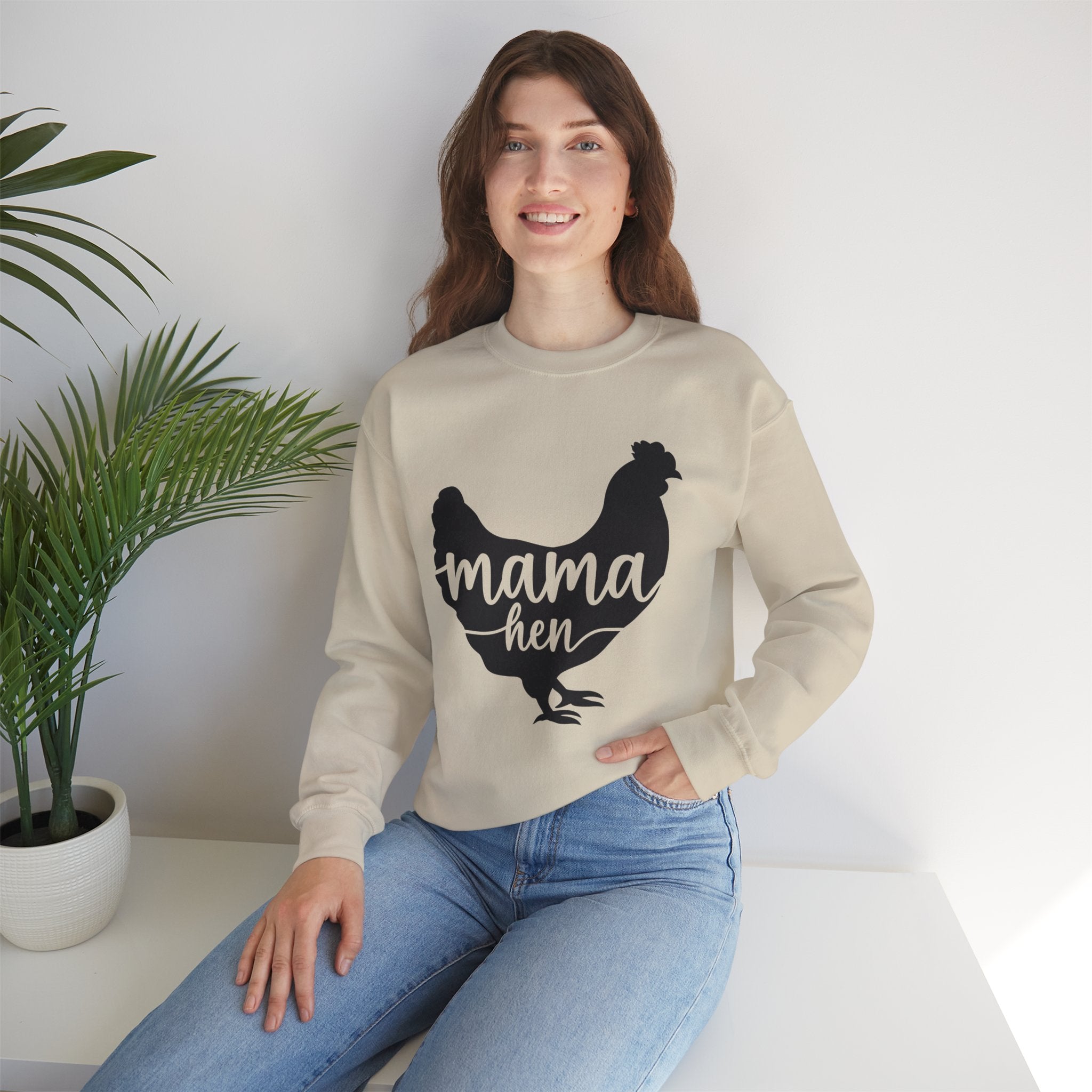 Mama Hen Sweatshirt – Minimalist Chicken Mom Crewneck, Neutral Farmhouse Homestead Pullover, Unisex Gildan 18000