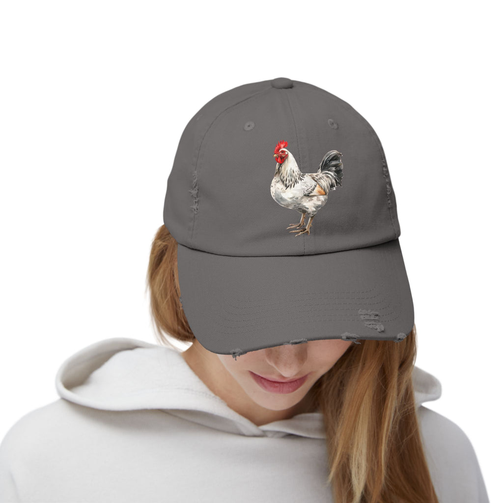 Speckled White Rooster Distressed Baseball Cap – Light Sussex Style Chicken Hat, Vintage Farm Rooster Cap, Backyard Chicken Keeper Gift
