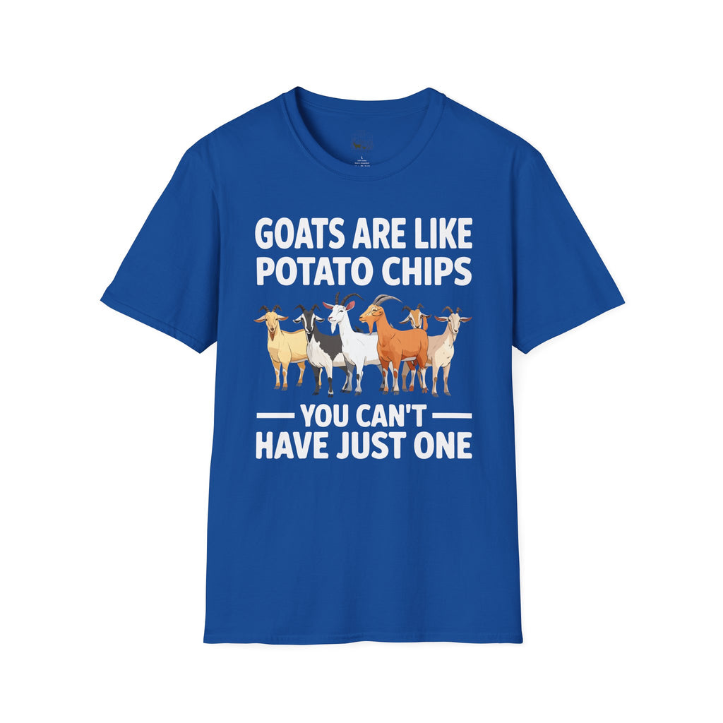 “Goats Are Like Potato Chips – You Can’t Have Just One” Funny Goat Lover Unisex T-Shirt | Farm Life Goat Tee