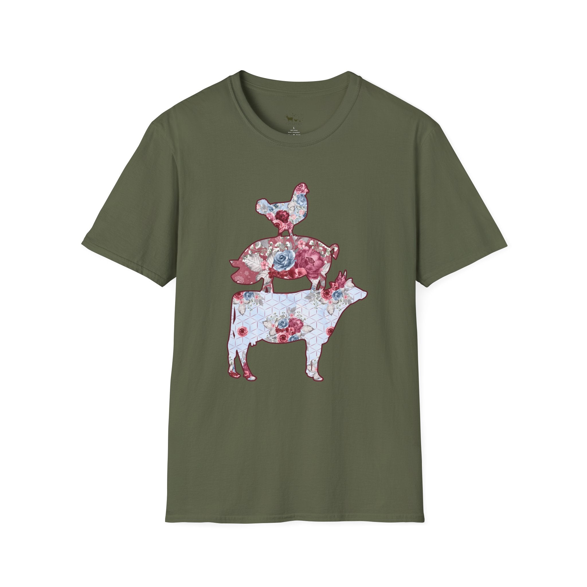 Floral Pig Stack T-Shirt – Cute Farm Pig Shirt, Cottagecore Pig Graphic Tee, Farm Life Animal Shirt, Homestead Apparel, Pig Lover Gift