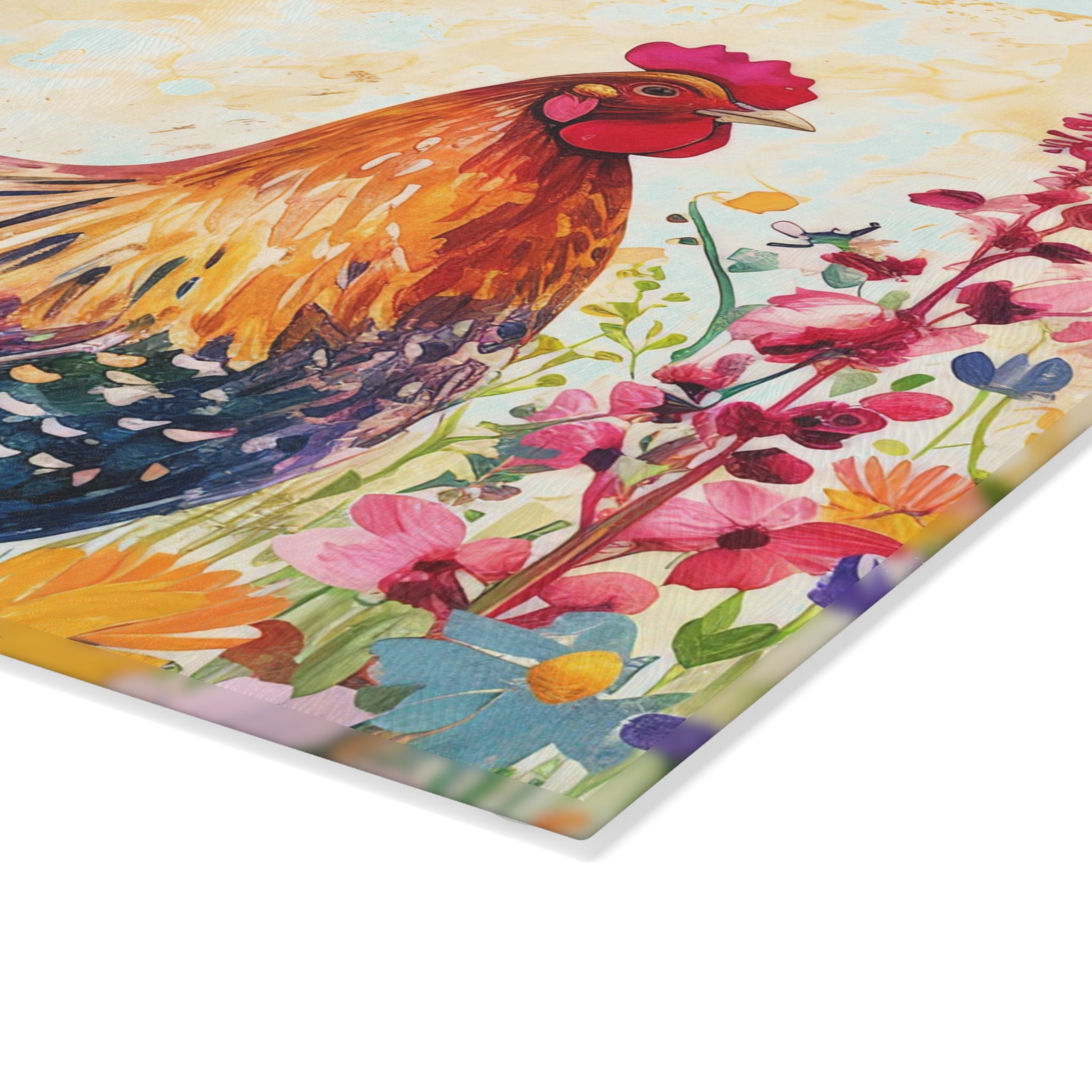 Vintage0 Floral Chicken Glass Cutting Board – Farmhouse Kitchen Decor, Colorful Chicken Counter Protector, Homestead Gift