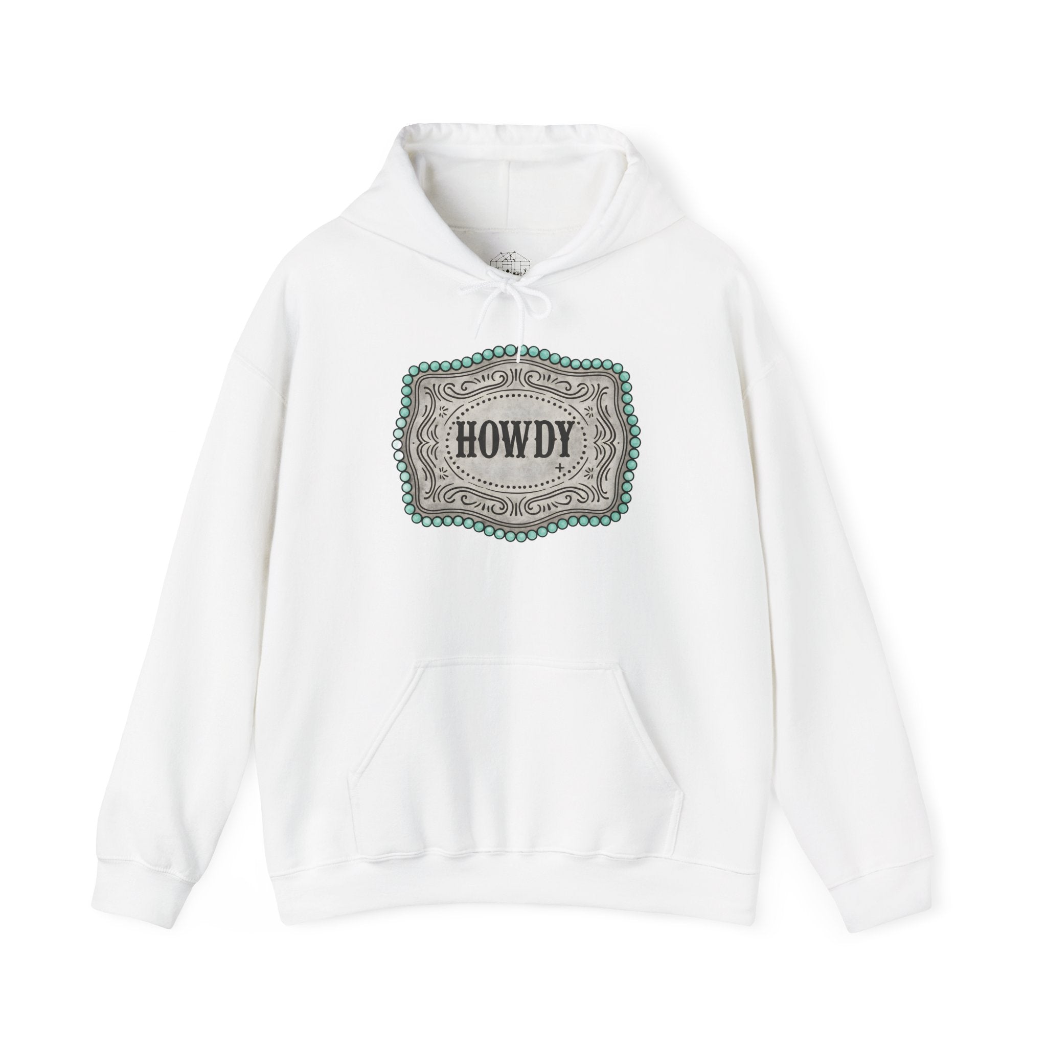 Howdy Turquoise Beaded Rodeo Belt Buckle Hoodie – Unisex Farmhouse Western Sweatshirt | Country Homestead Apparel
