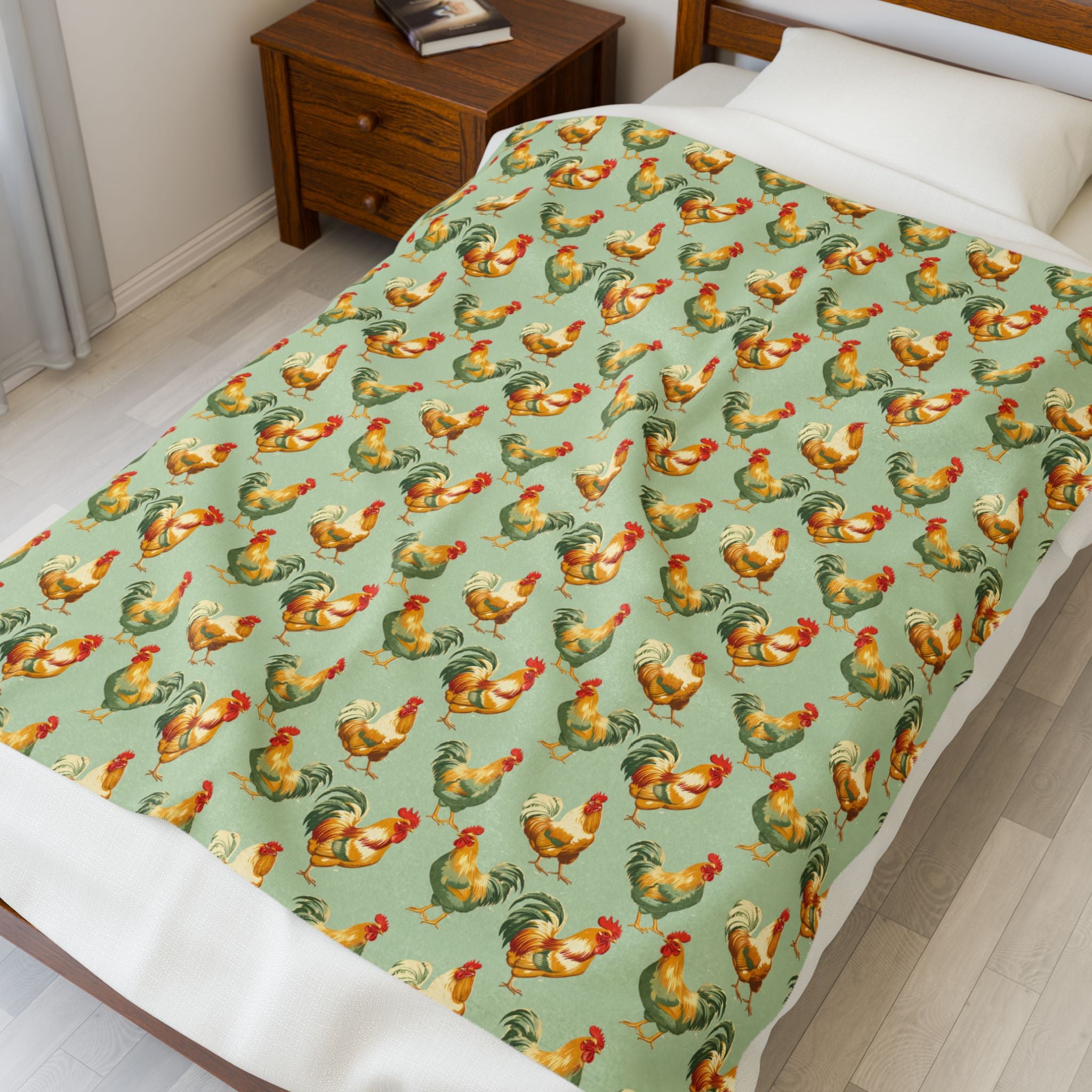 Sage Roosters Velveteen Plush Blanket Vintage Chicken Farmhouse Throw, Cozy Cottagecore Country Home Decor