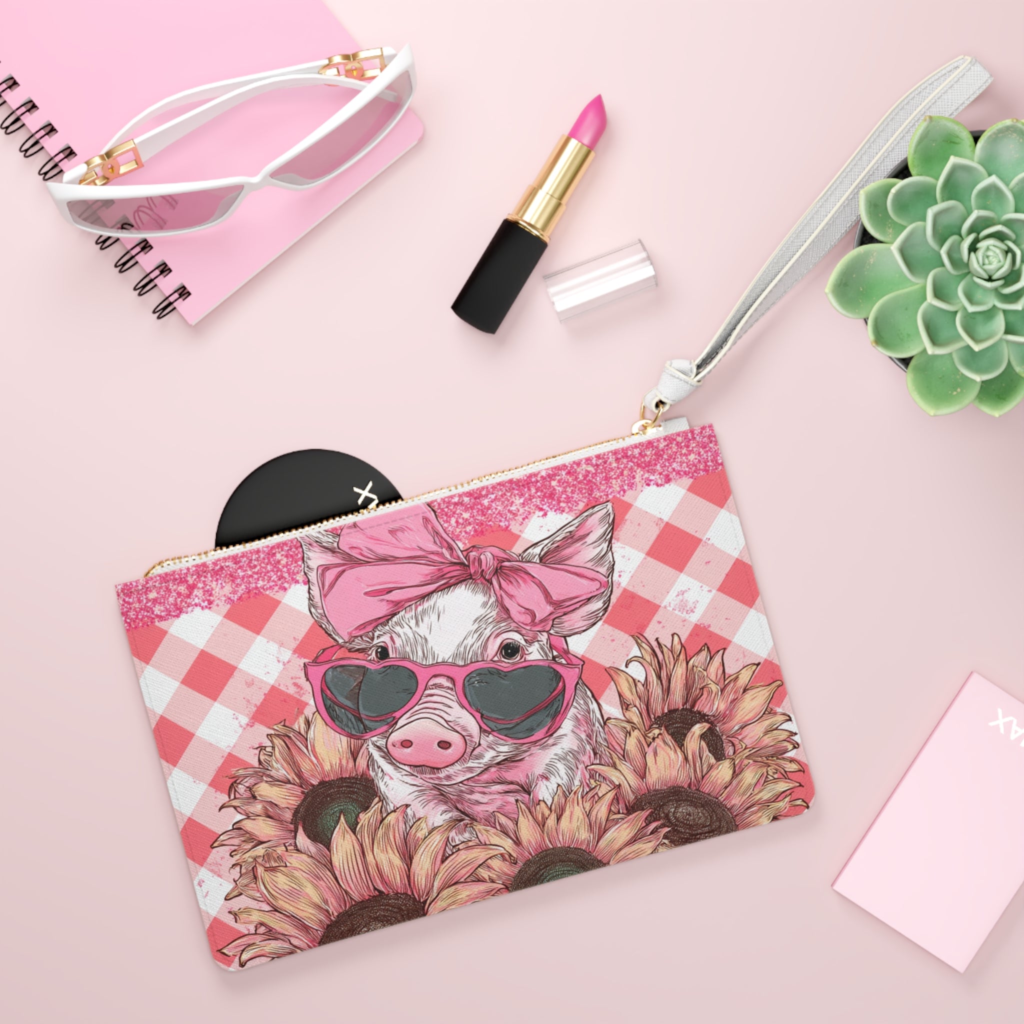 Pink Gingham Pig Clutch Bag | Cute Farm Pig Wristlet Purse | Farmhouse Makeup Bag | Sunflower Pig Zipper Pouch | Cottagecore Homestead Gift
