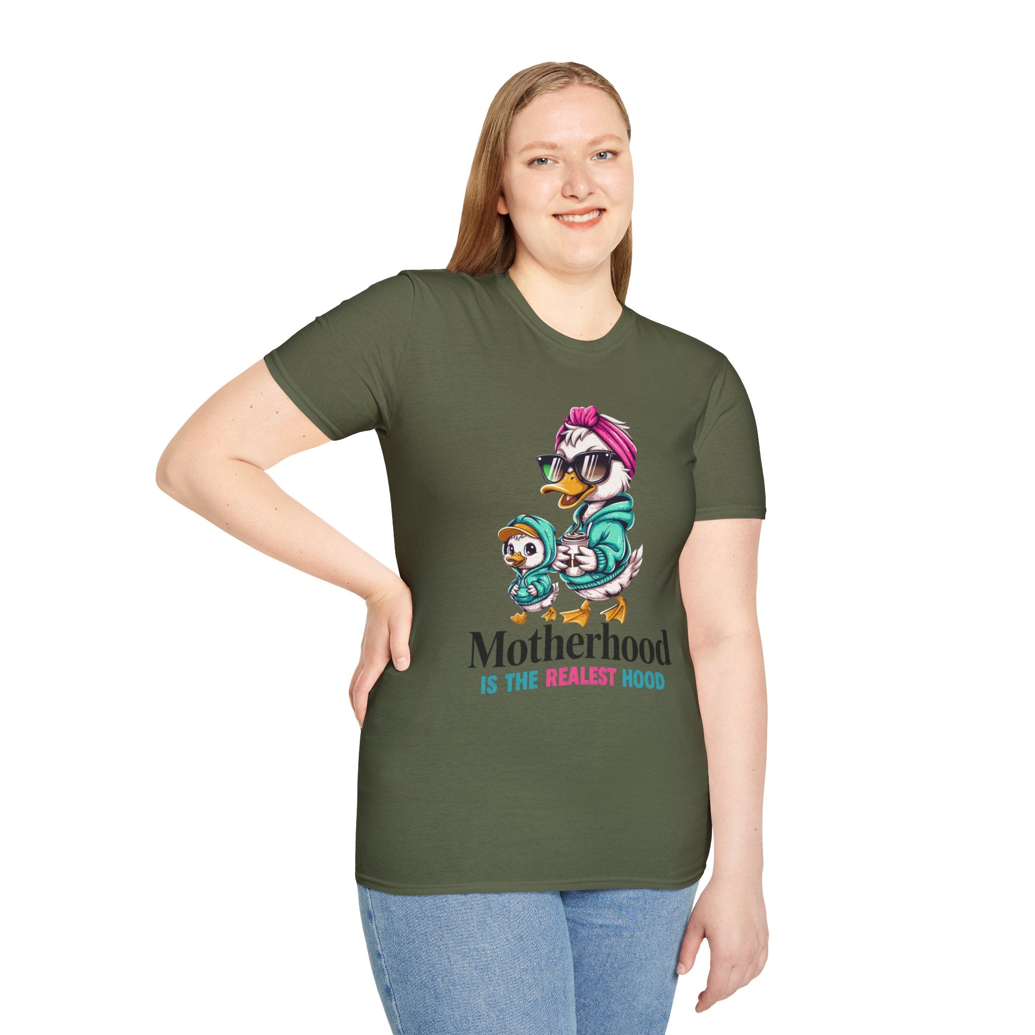 Motherhood Is the Realest Hood Cute Duck Mom Unisex T-Shirt | Funny Farm Mom Graphic Tee