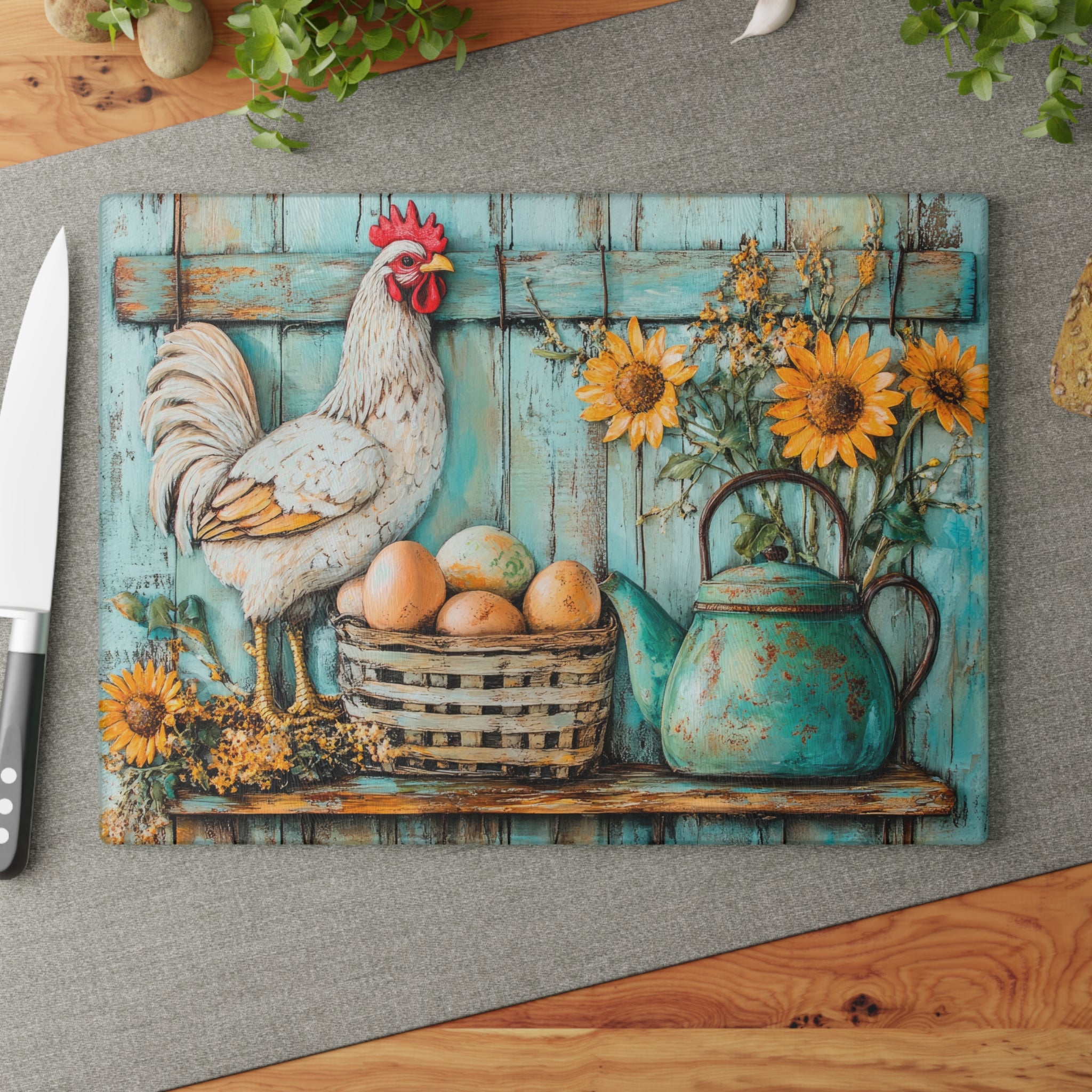 White Rooster Glass Cutting Board | Rustic Farmhouse Chicken Kitchen Decor | Sunflower Tempered Glass Cutting Board | Gumpert Homestead