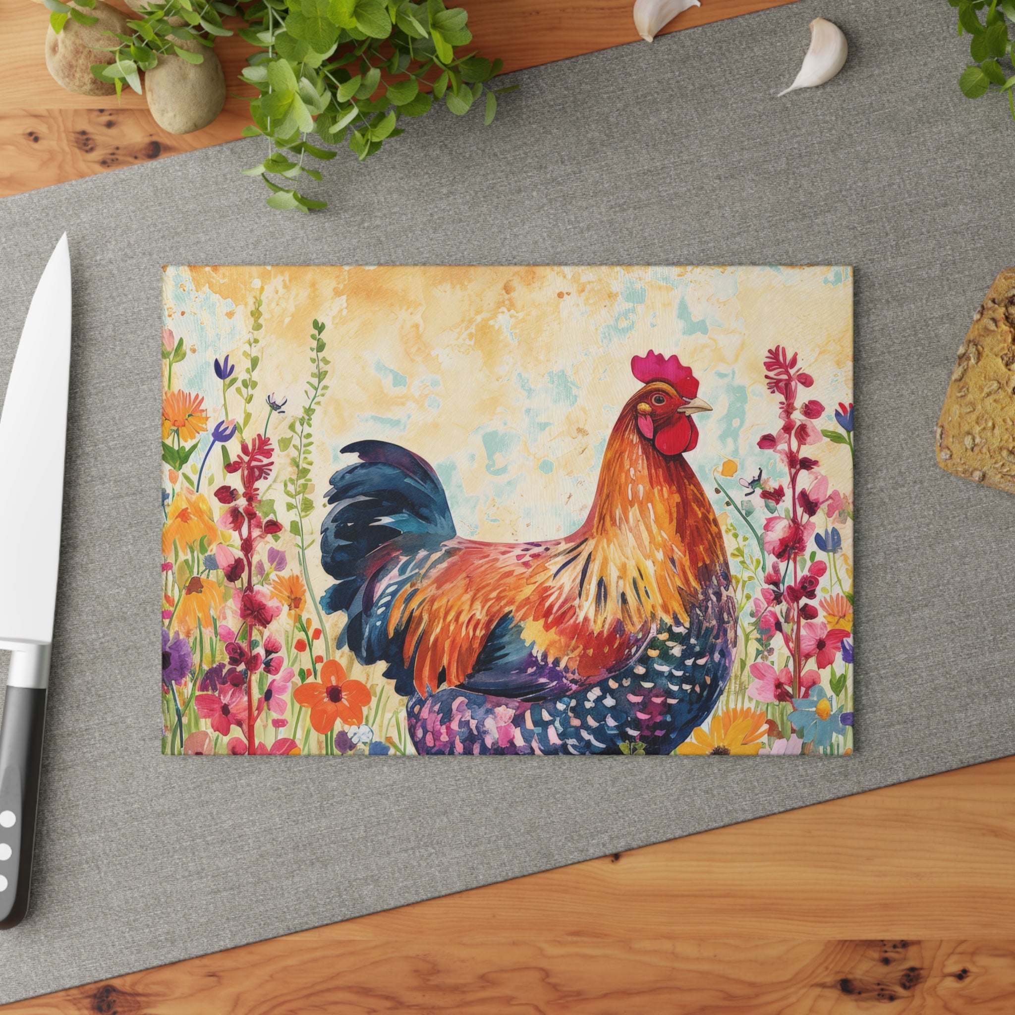 Vintage0 Floral Chicken Glass Cutting Board – Farmhouse Kitchen Decor, Colorful Chicken Counter Protector, Homestead Gift
