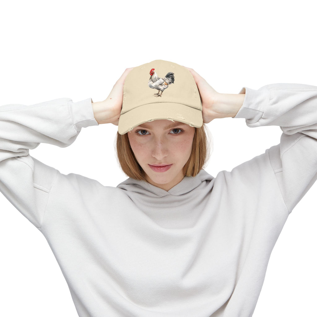 Speckled White Rooster Distressed Baseball Cap – Light Sussex Style Chicken Hat, Vintage Farm Rooster Cap, Backyard Chicken Keeper Gift