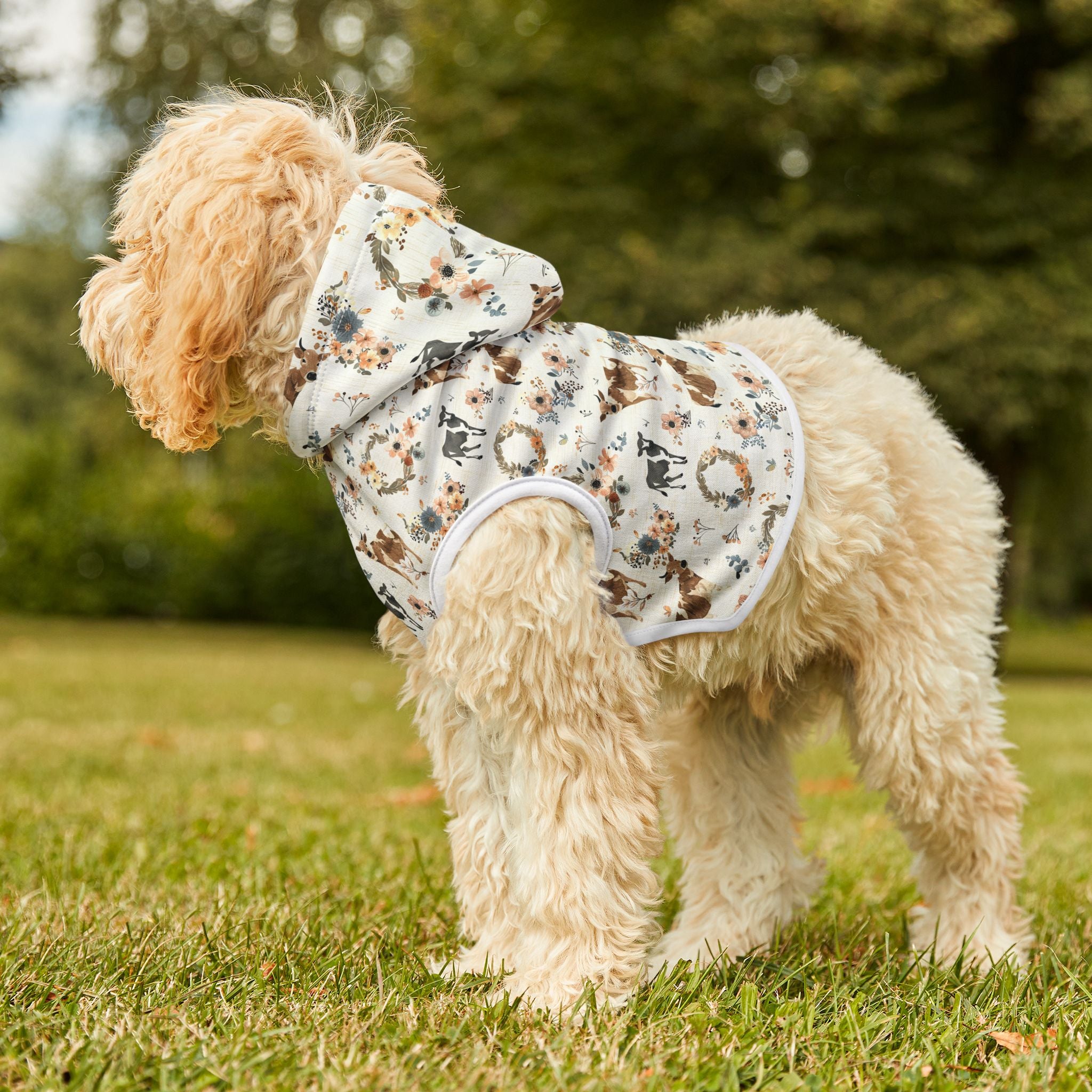 Floral Cow Pet Hoodie | Farmhouse Cattle Dog Hoodie | Cottagecore Farm Animal Pet Sweater | Rustic Cow Print Puppy Hoodie | Country Homestead Pet Apparel | Cozy Farm Life Dog Outfit