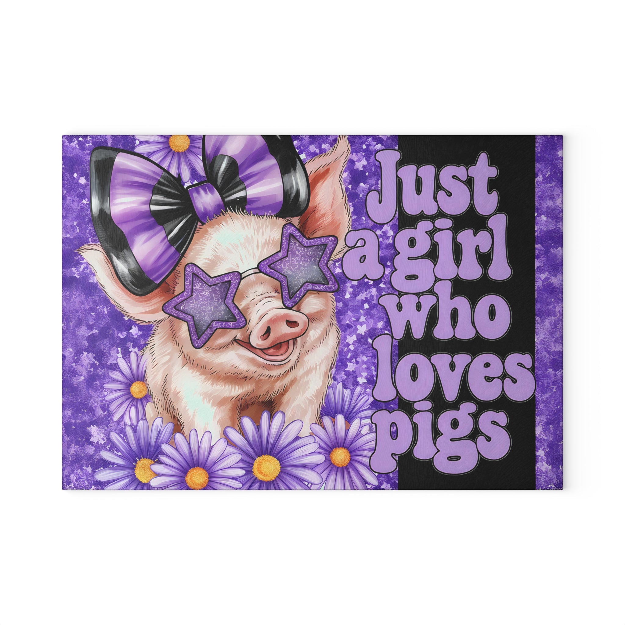 “Just a Girl Who Loves Pigs” Glass Cutting Board – Purple Floral Pig Kitchen Decor, Farmhouse Pig Lover Gift, Country Homestead Cutting Board