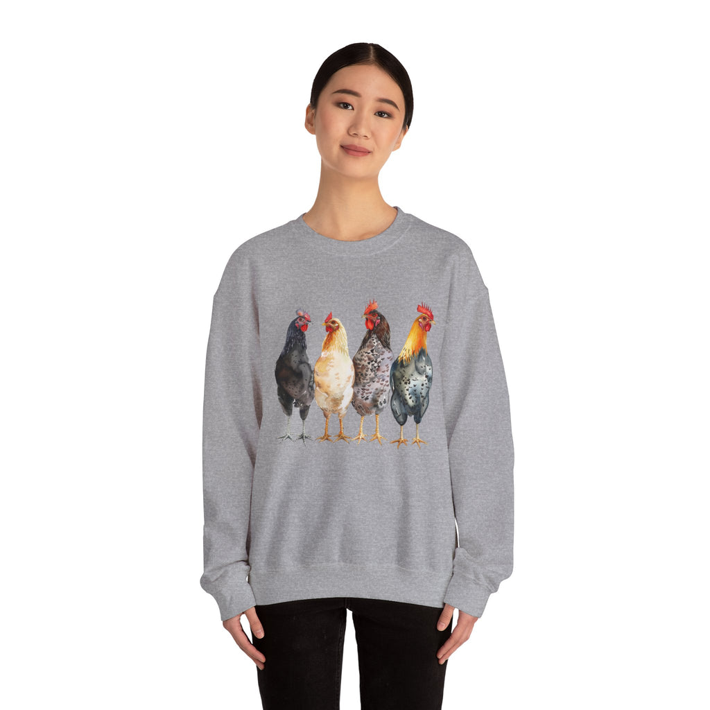 Chicken Flock Sweatshirt – Farmhouse Hen Lineup Crewneck, Cozy Homestead Chicken Mom Pullover, Unisex Gildan 18000