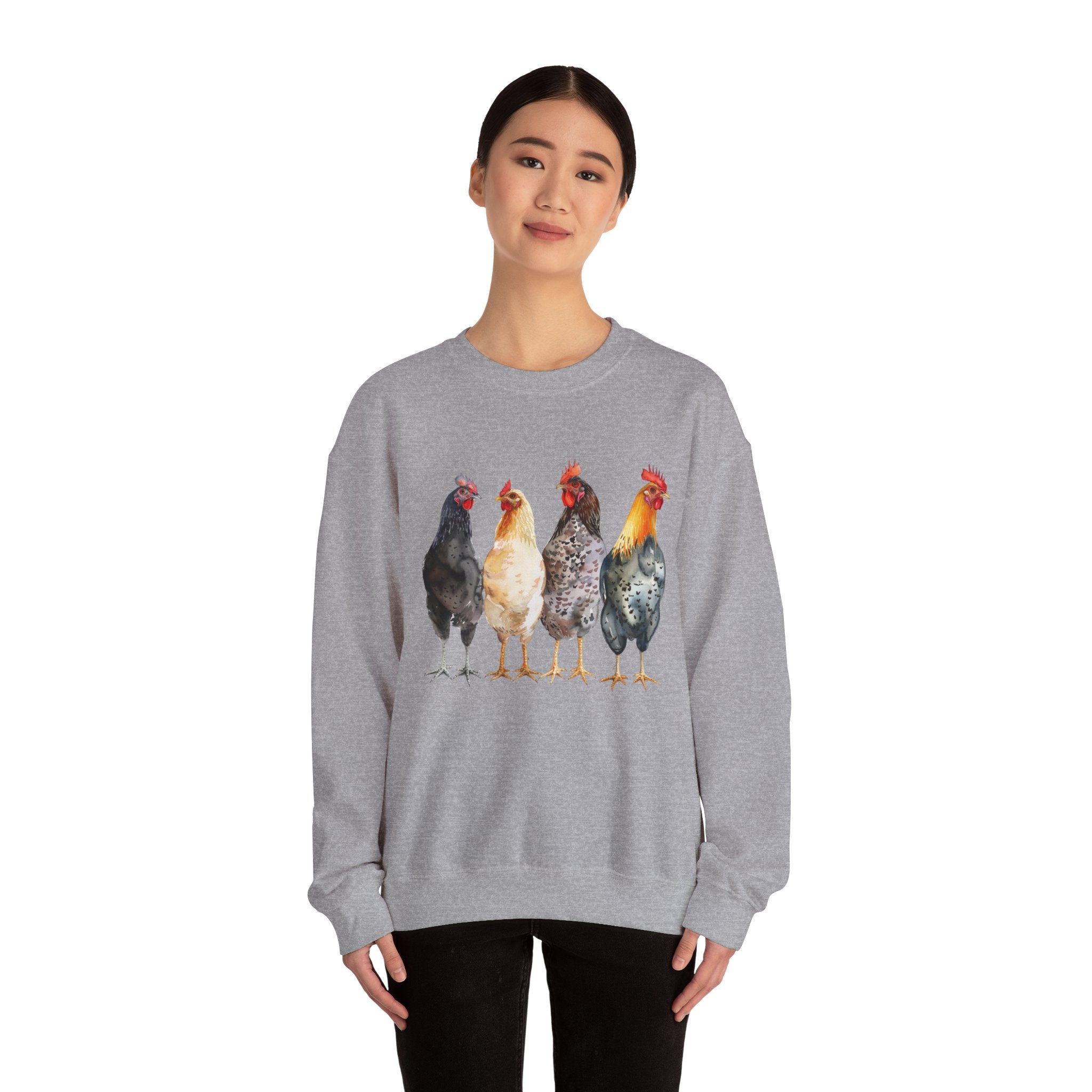Chicken Flock Sweatshirt – Farmhouse Hen Lineup Crewneck, Cozy Homestead Chicken Mom Pullover, Unisex Gildan 18000