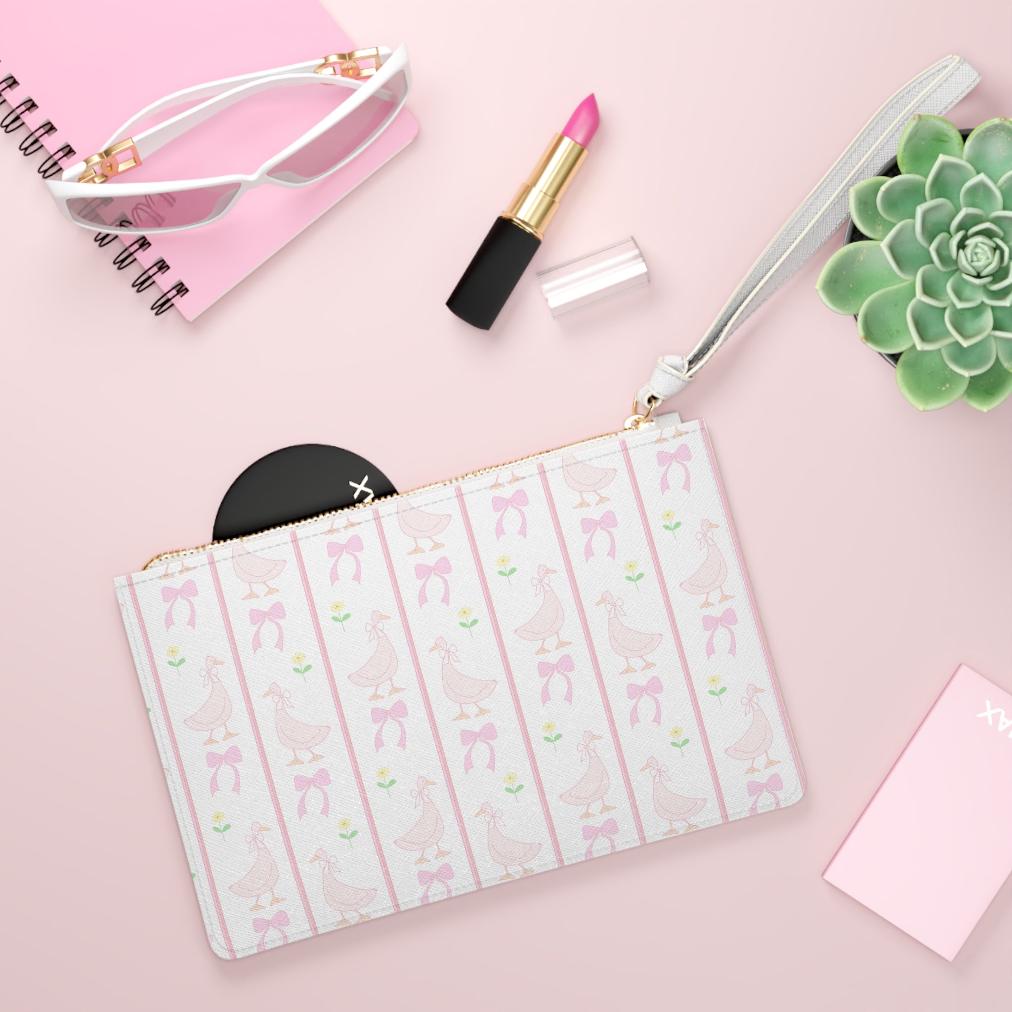Pink Gingham Goose Clutch Bag | Cottagecore Farmhouse Wristlet Purse | Bow Goose Makeup Bag | Shabby Chic Country Zipper Pouch | Homestead Gift