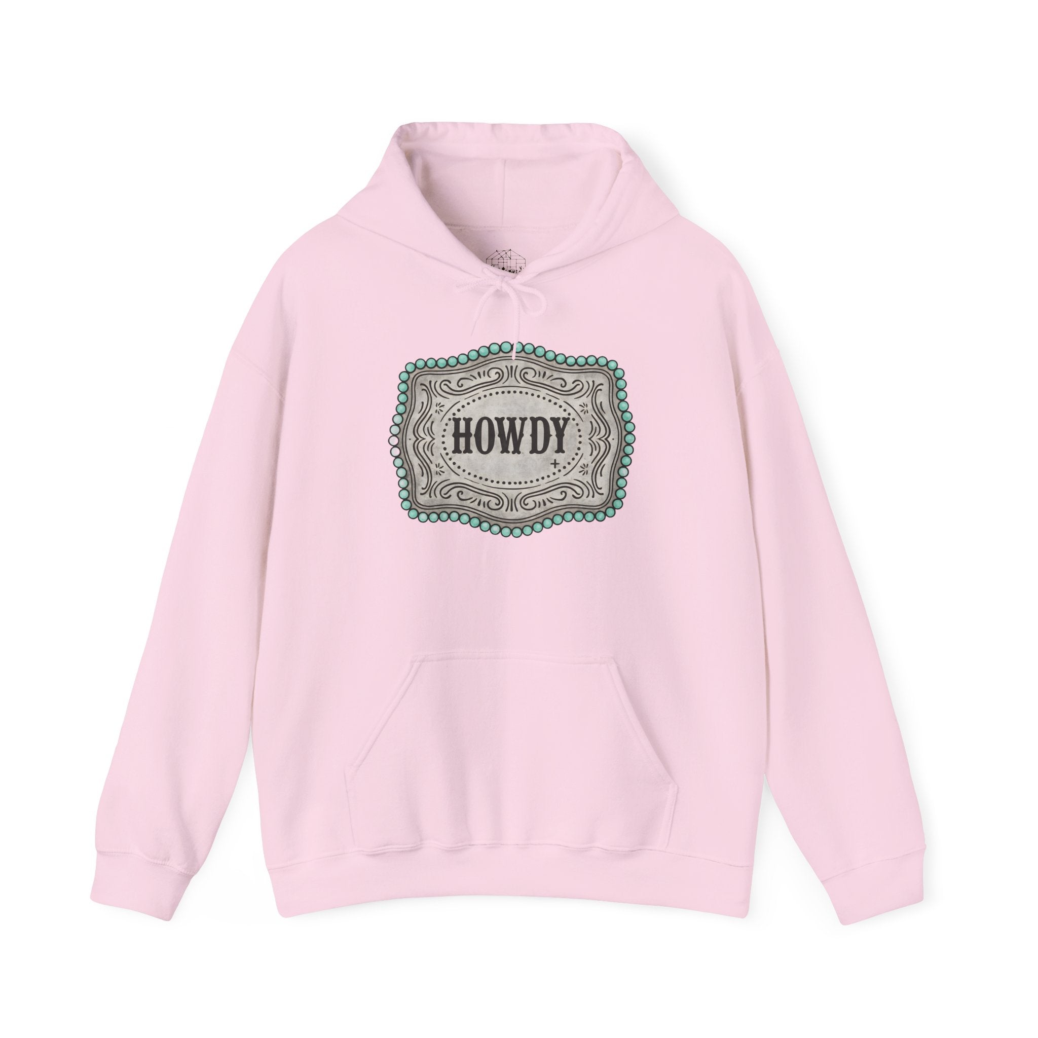 Howdy Turquoise Beaded Rodeo Belt Buckle Hoodie – Unisex Farmhouse Western Sweatshirt | Country Homestead Apparel