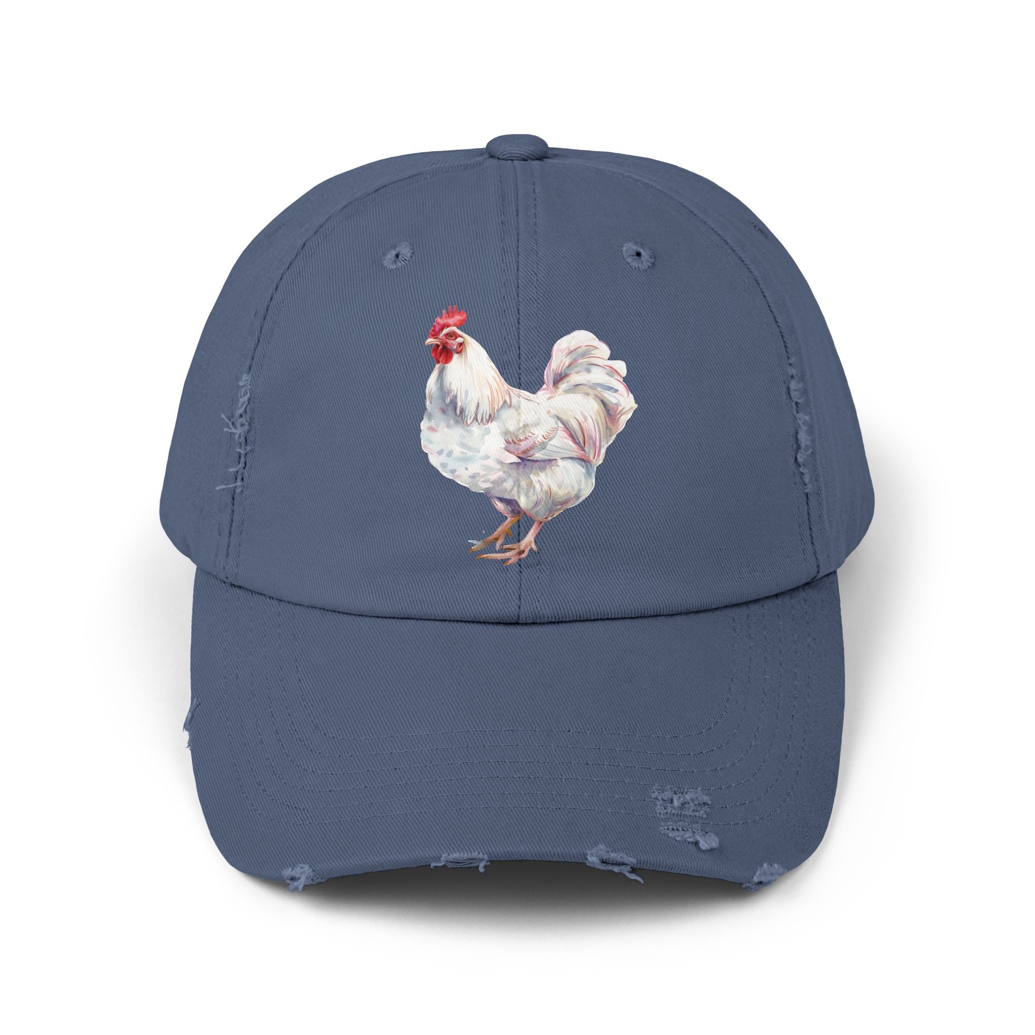White Rooster Distressed Baseball Cap – Vintage Chicken Hat, Leghorn-Style Rooster, Farmhouse Poultry Cap, Backyard Chicken Keeper Gift