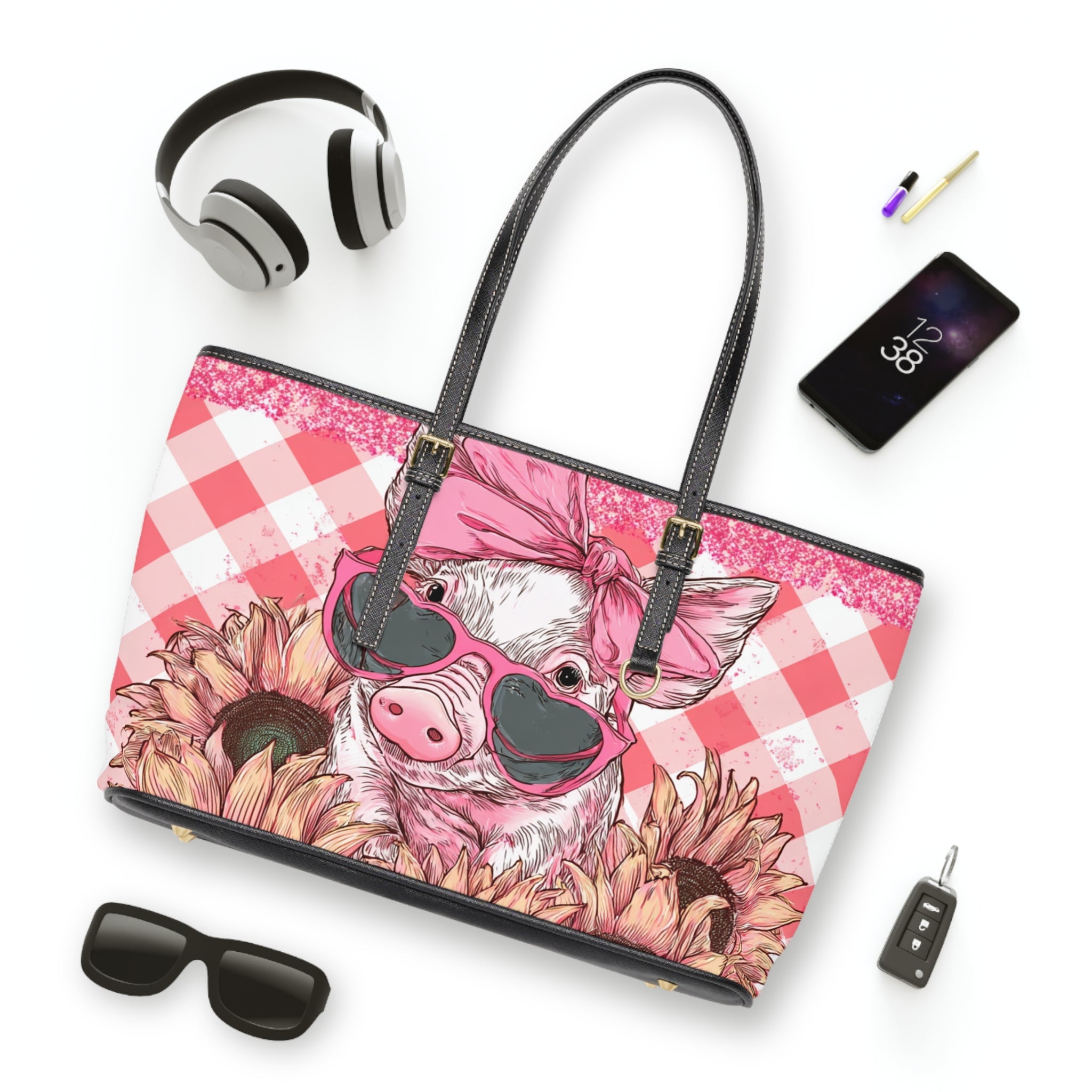 Funny Pig Shoulder Bag | Farmhouse Sunflower Tote Purse | Cute Pig Handbag | Cottagecore Farm Animal Bag | Homestead Market Tote PU Leather