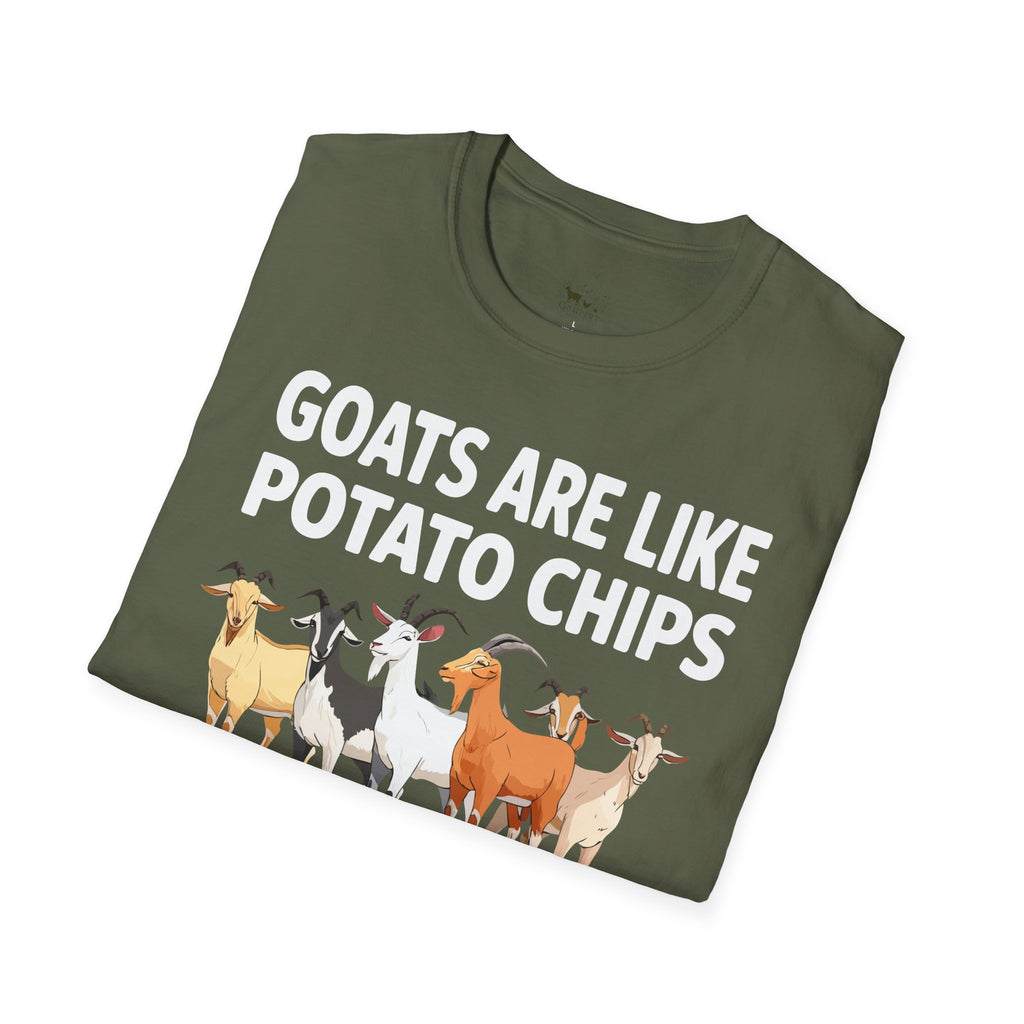 “Goats Are Like Potato Chips – You Can’t Have Just One” Funny Goat Lover Unisex T-Shirt | Farm Life Goat Tee