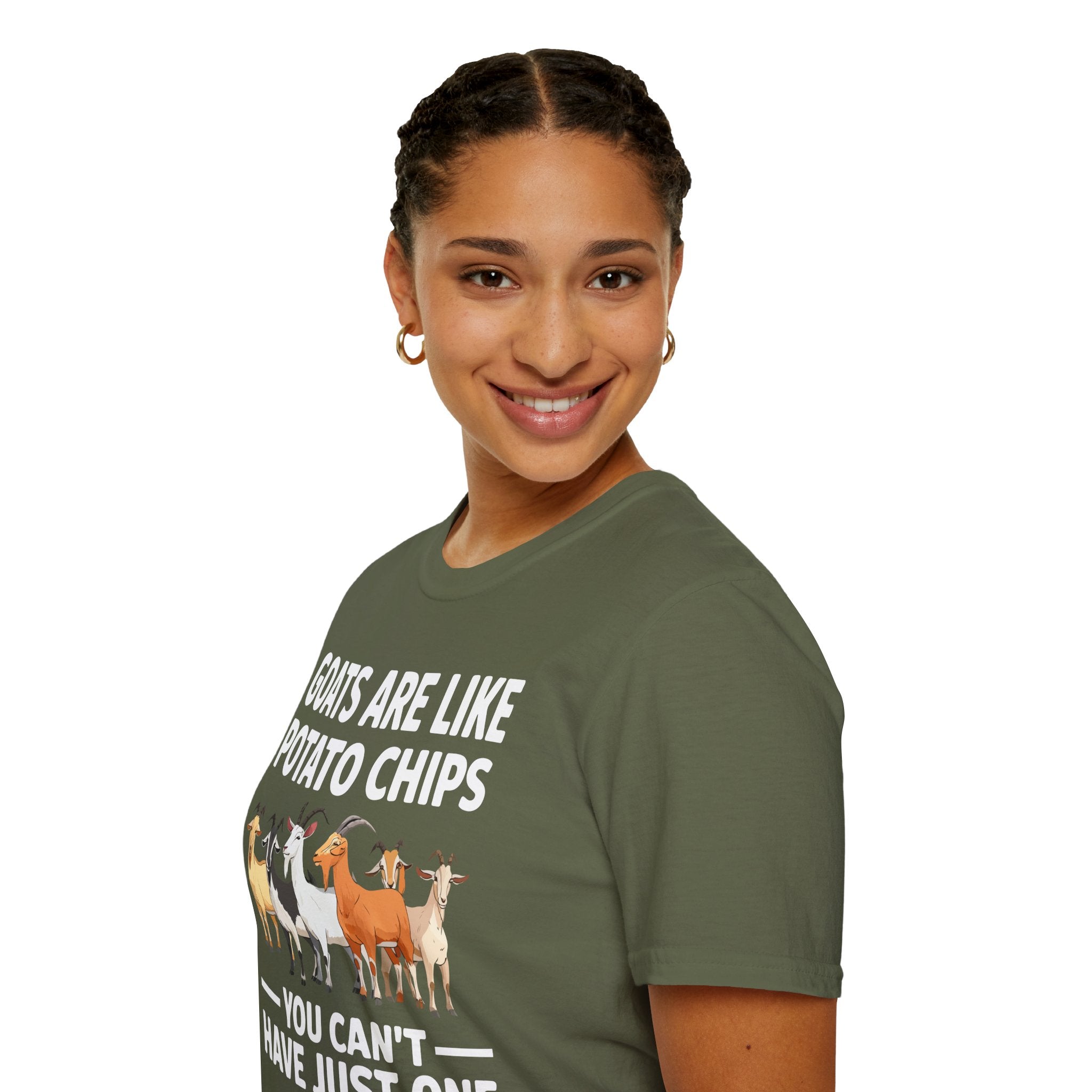 “Goats Are Like Potato Chips – You Can’t Have Just One” Funny Goat Lover Unisex T-Shirt | Farm Life Goat Tee