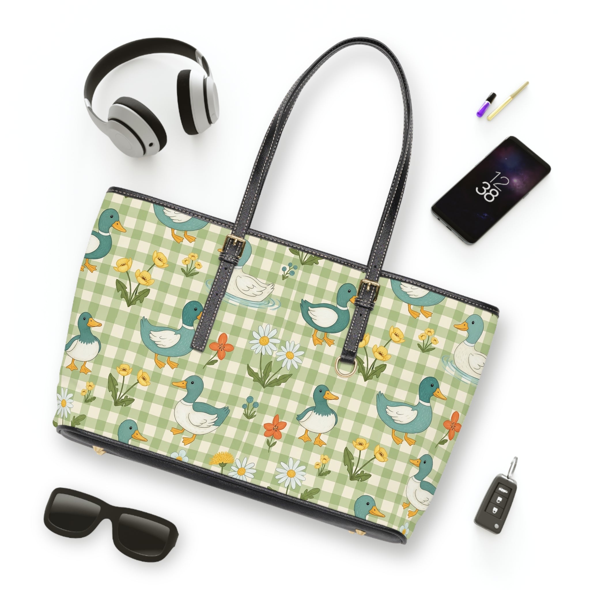 Gingham Goose Shoulder Bag | Cottagecore Farmhouse Tote Purse | Country Goose Handbag | Homestead Market Bag | Rustic Farm Animal PU Leather Tote