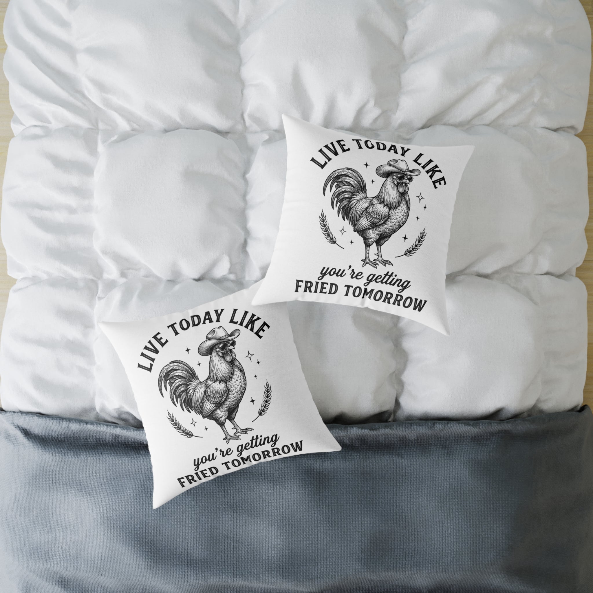 Funny Rooster Throw Pillow – “Live Today Like You’re Getting Fried Tomorrow” Farmhouse Chicken Decor Cushion