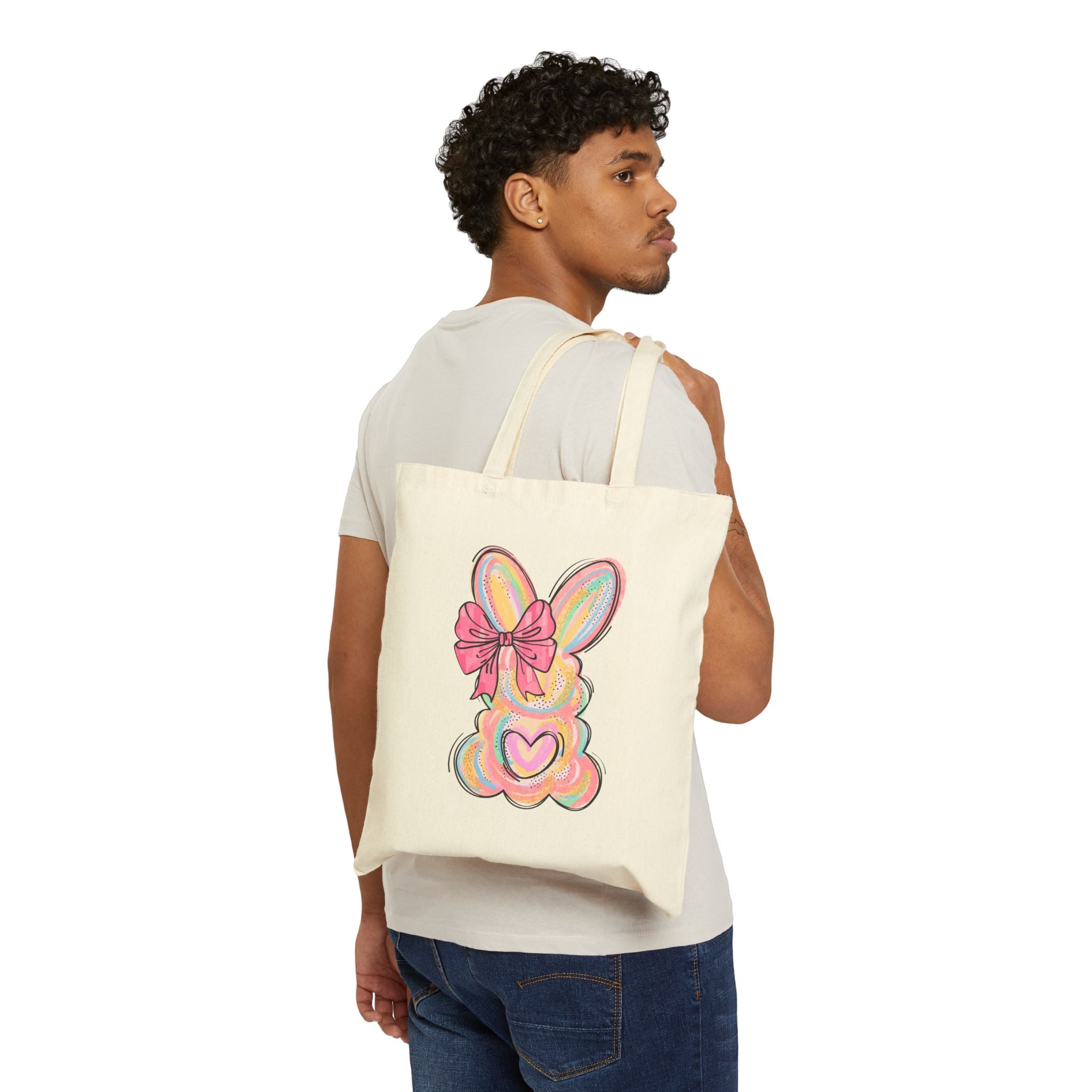 Easter Bow Bunny Tote Bag – Pastel Heart Rabbit Canvas Tote, Cute Spring Bunny Market Bag, Cottagecore Farmhouse Reusable Shopping Tote, Easter Gift Bag