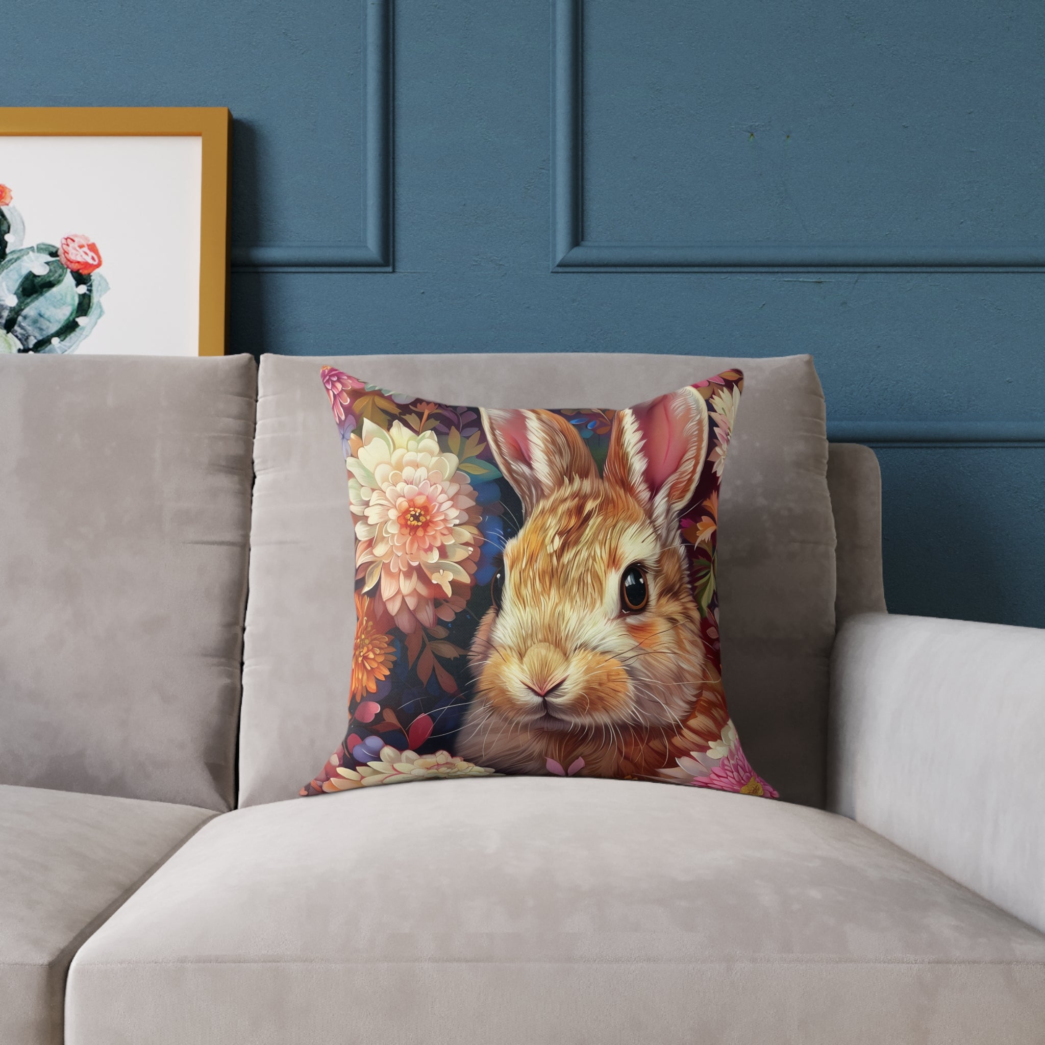 Floral Bunny Throw Pillow | Cottagecore Rabbit Accent Pillow | Woodland Farmhouse Decor Cushion | Wildflower Bunny Pillow | Gumpert Homestead