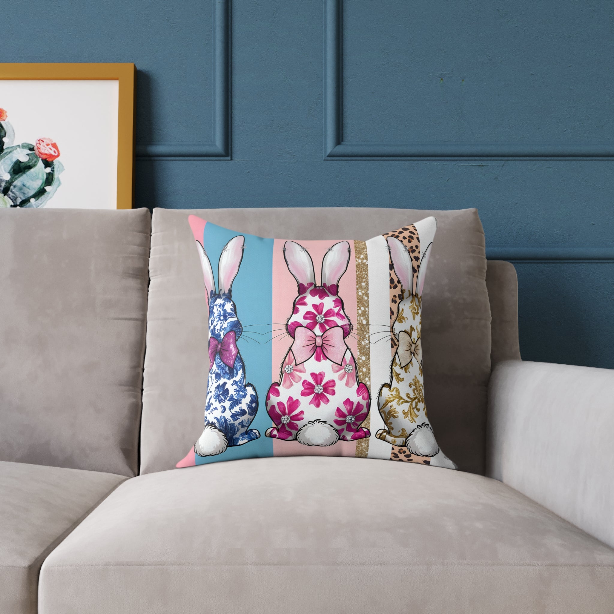 Pink Bunny Trio Throw Pillow | Cottagecore Rabbit Decor Cushion | Farmhouse Easter Bunny Accent Pillow | Cute Spring Home Decor | Gumpert Homestead