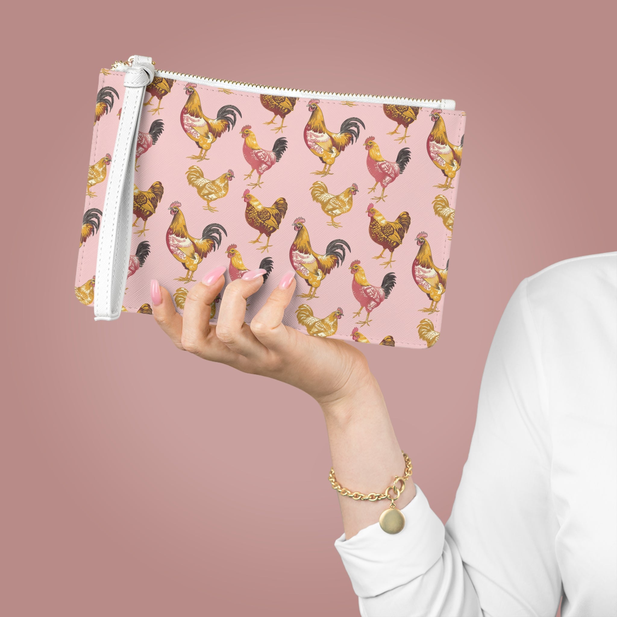 Pink Chicken Print Clutch Bag | Cottagecore Farmhouse Wristlet Purse | Vintage Hen Makeup Bag | Country Chicken Zipper Pouch | Homestead Gift